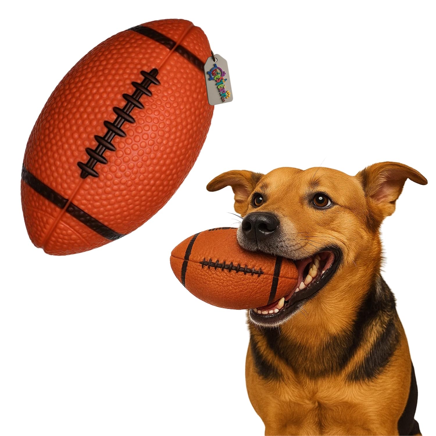 Western Era Rugby Ball Shaped Dog Chew Toy | Squeaky Textured Fetch Toy For Dogs & Puppies | Durable Rubber Pet Toy For Teething