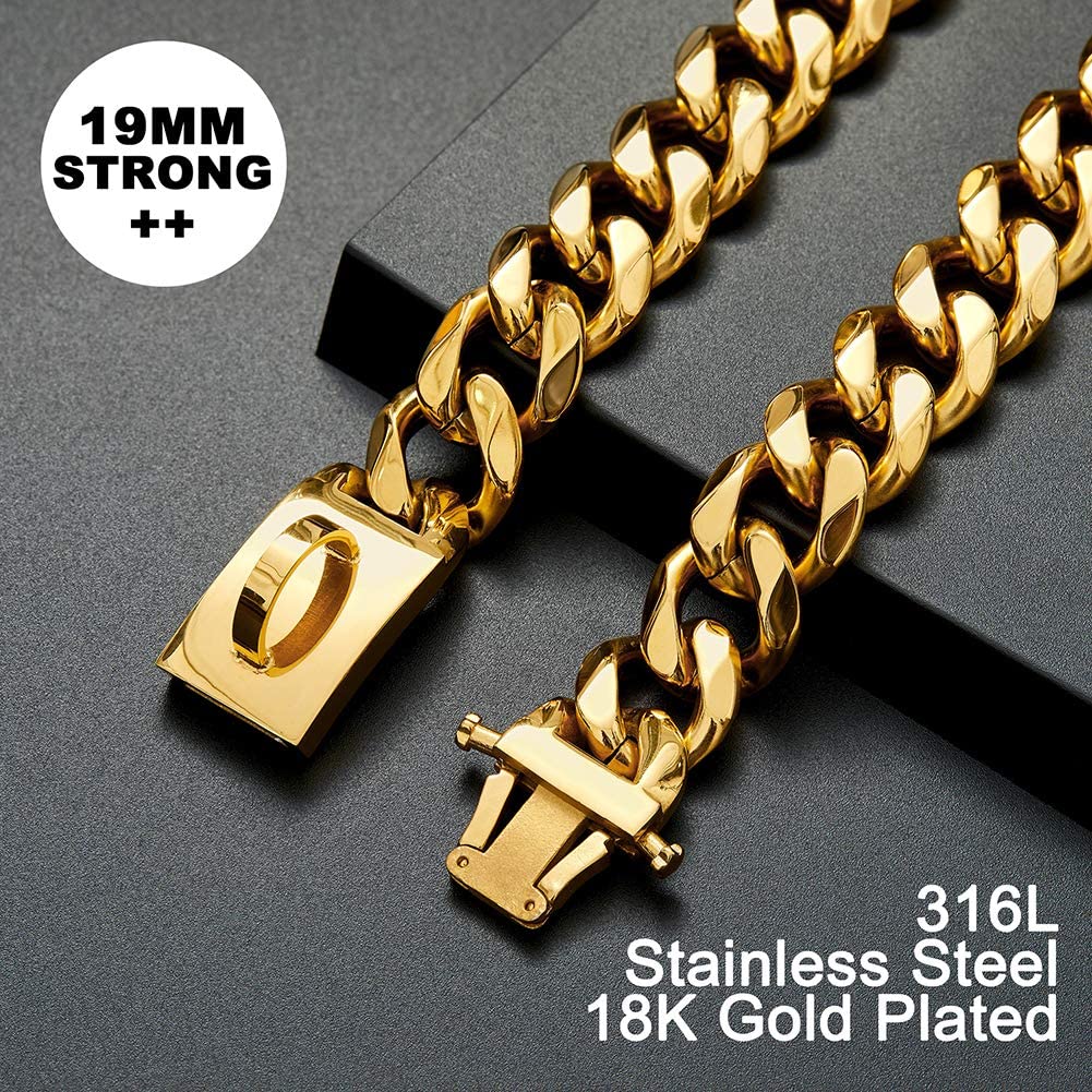 Gold Dog Chain Collar Walking Metal Chain Collar with Design Secure Buckle,18K Cuban Link Strong Heavy Duty Chew Proof for Large