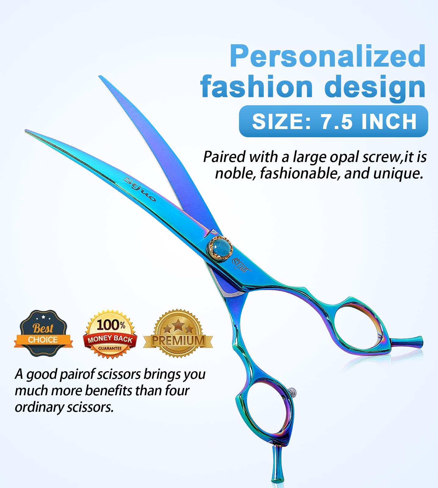 Stjuo 7.5'' Dog Curved Scissors For Grooming 440C Stainless Steel Green Professional Pet Trimming Scissors Sharp Blades Cutting