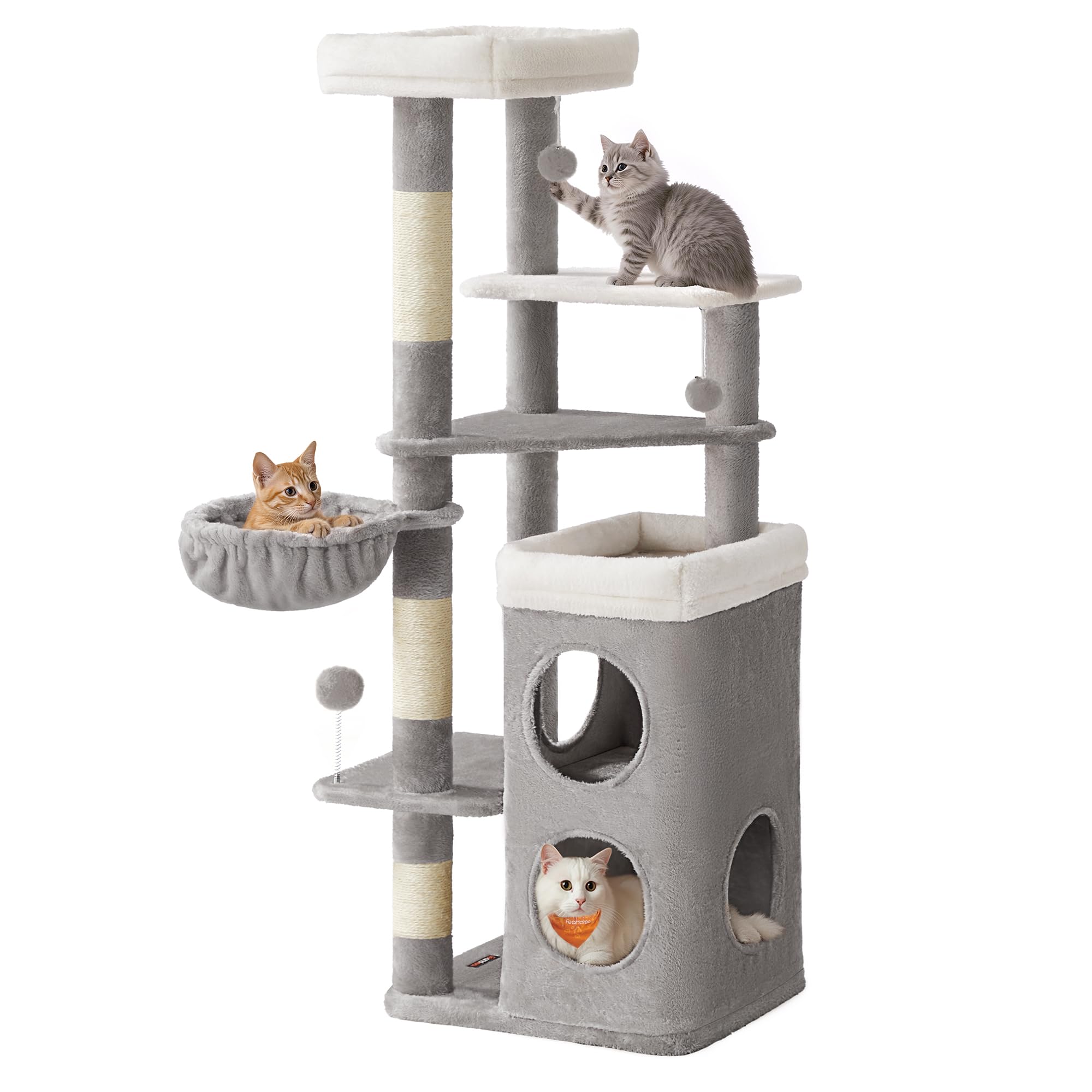 Feandrea Cat Tree, 60-Inch Cat Tower, Multiple-Level Plush Condo with 2 Caves, 3 Scratching Posts, 3 Perches, Dove Gray UPCT007G
