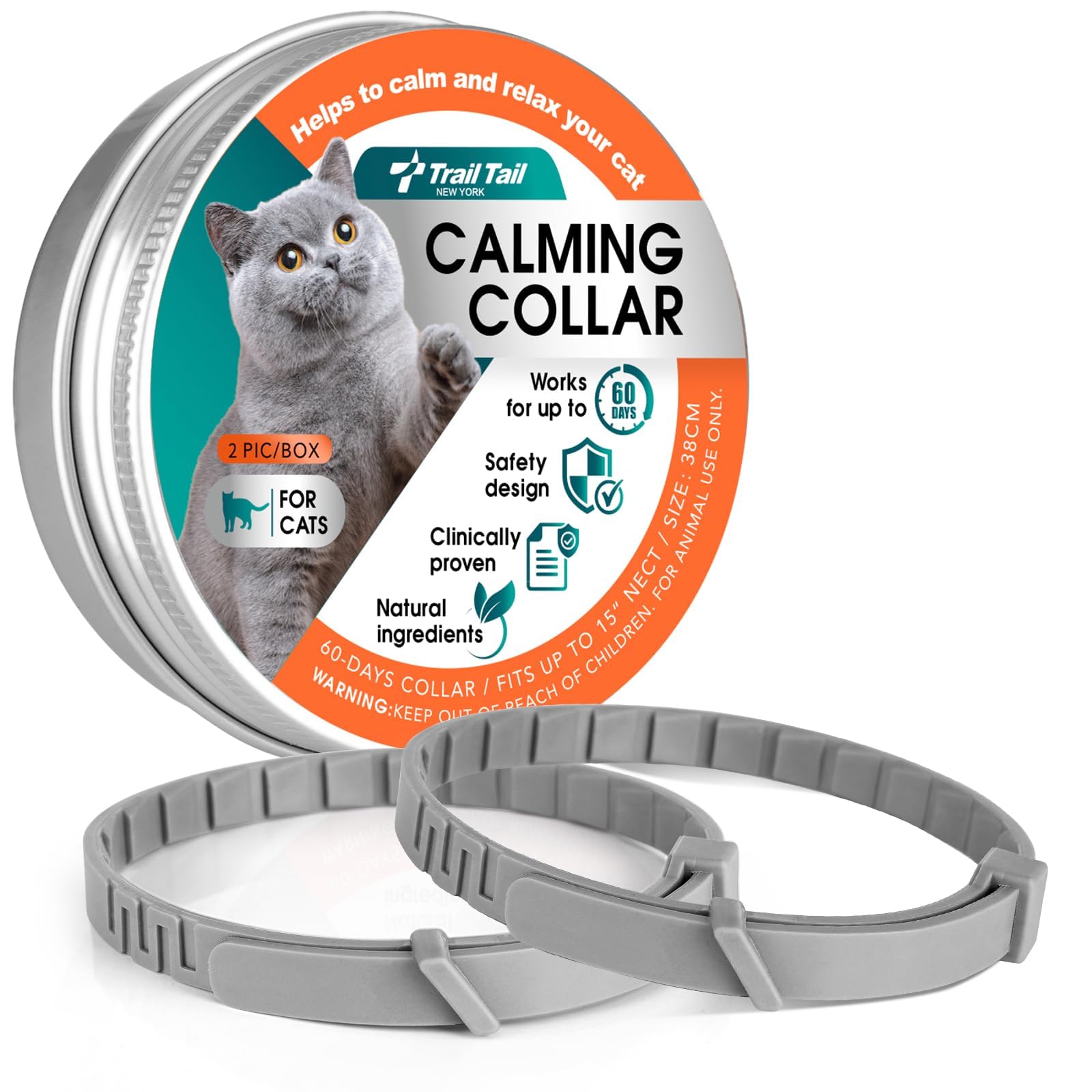Trail Tail Calming Collar For Cats, Pheromone Collar For Cat Anxiety Relief (Grey, 2 Pack)