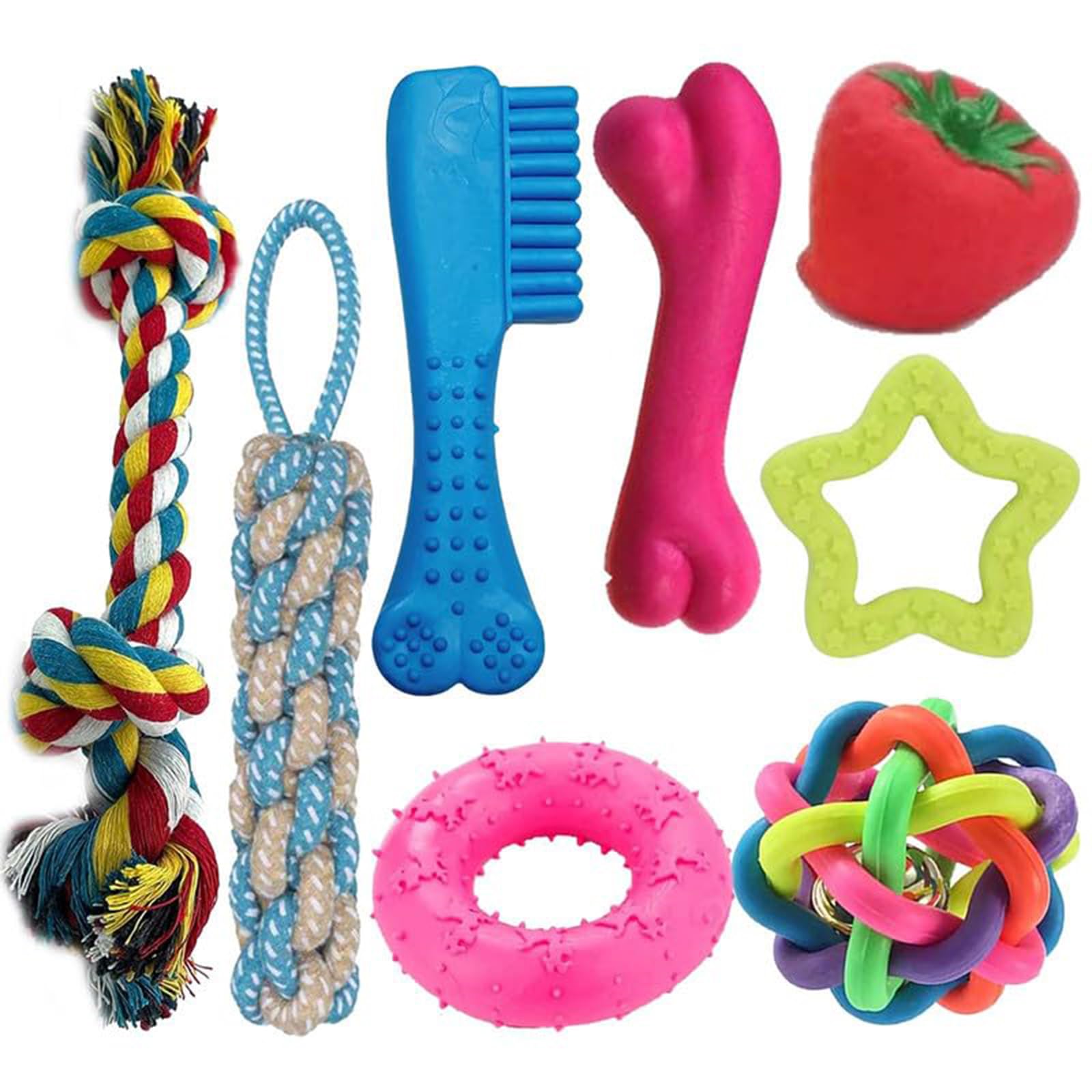 Pawise Pack Of 8 Dog Cotton And Rubber Toy,2 Knot Rope Toy, Bone Teething Toy, Durable Puppy Chew Toy, Squeaky Toy, NonToxic Do