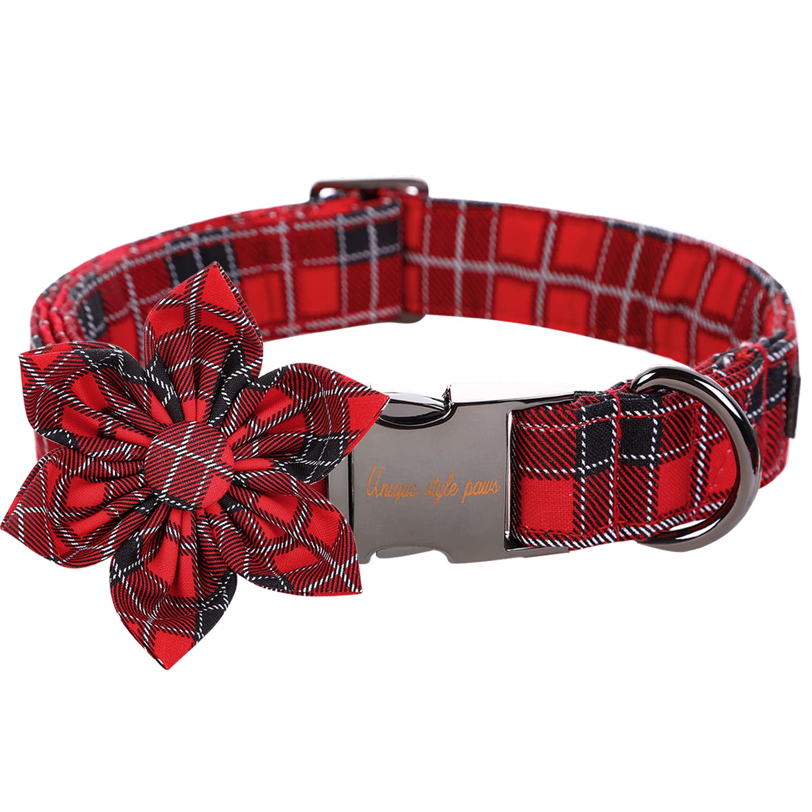 Unique Style Paws Christmas Dog Collar With Flower Tie Red Black Grid Cotton Collar Adjustable Puppy Plaid Collar For Small Medium Large Dogs-Xs