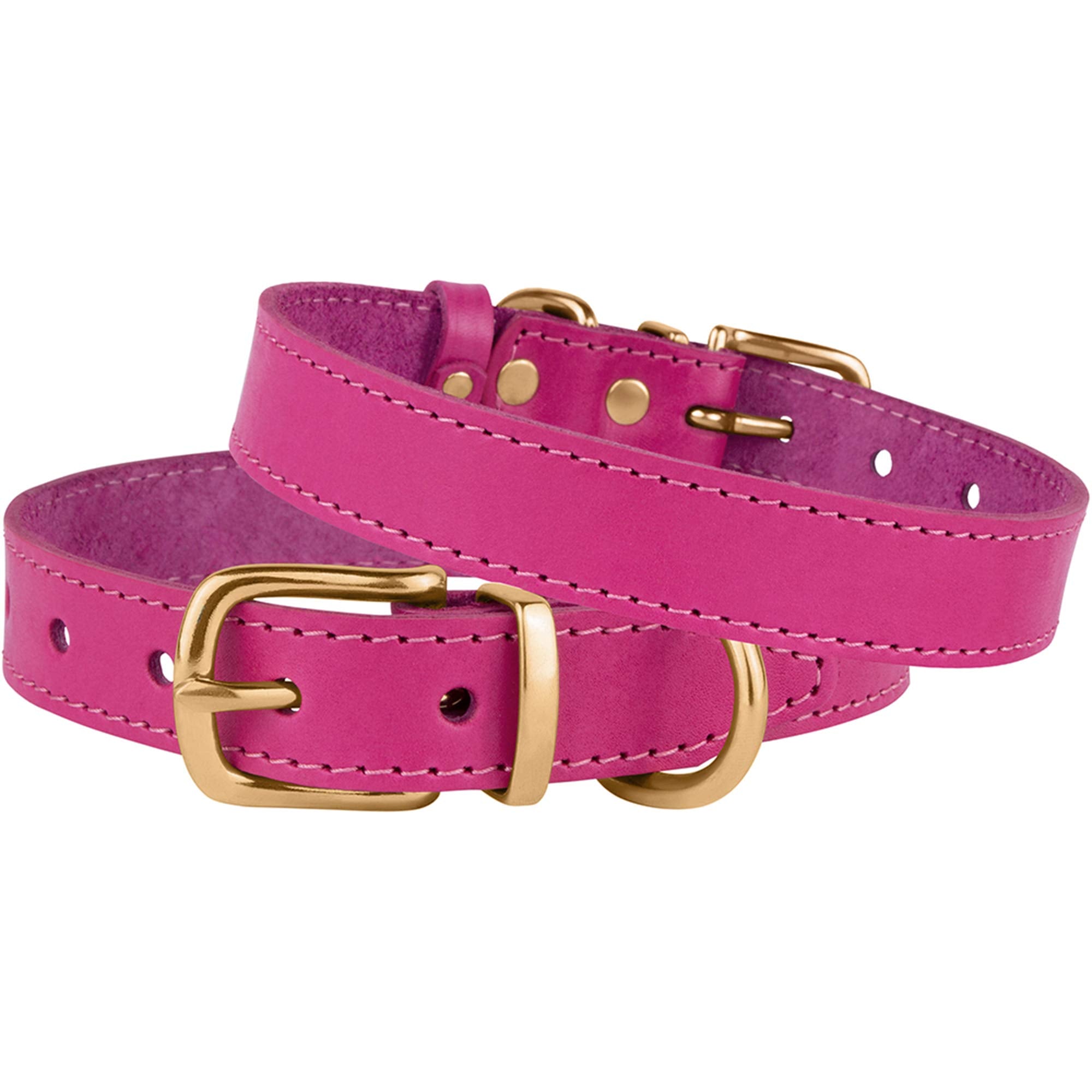 Bronzedog Leather Dog Collar With Metal Buckle Durable Basic Pet Collars For Small Medium Large Dogs (14-17 Inch (Pack Of 1), Pink & Gold Buckle)