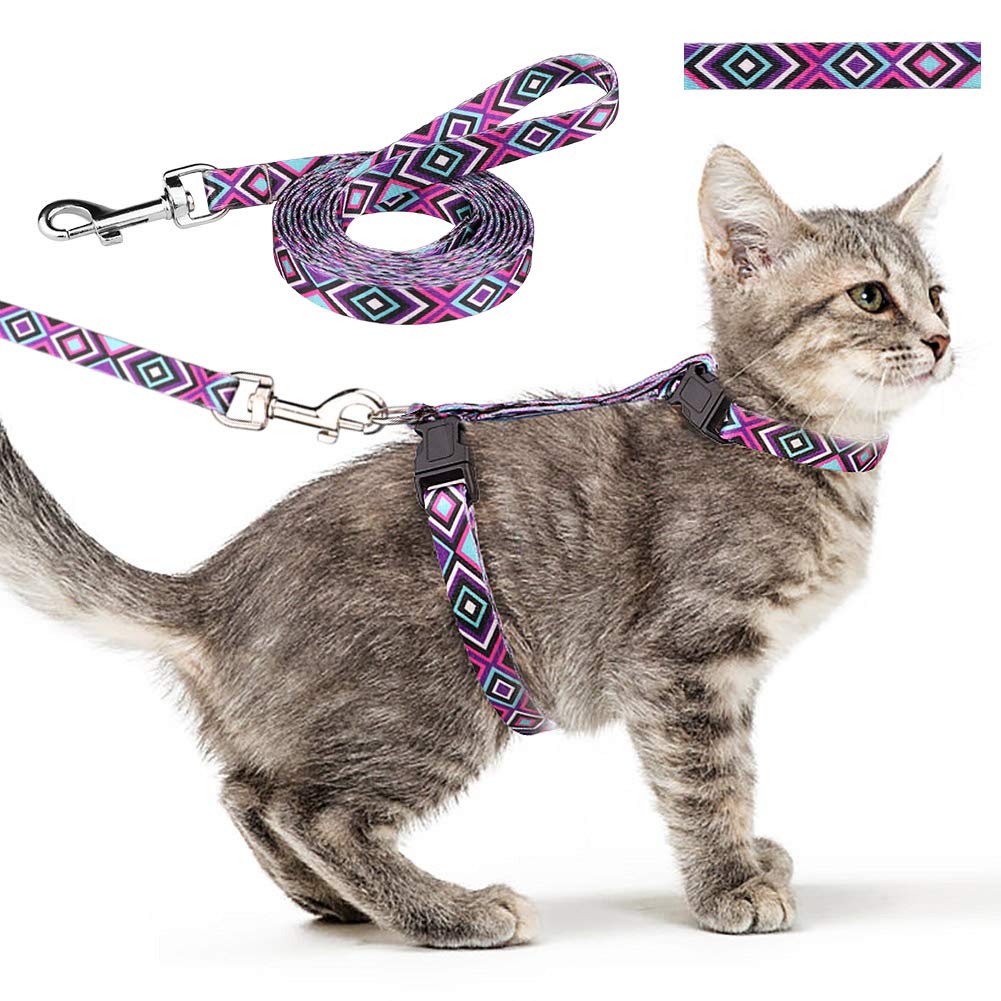 Cat Harness And Leash Set Geometric Pattern Escape Proof Adjustable For Kitty Outdoor Walking(Purple)