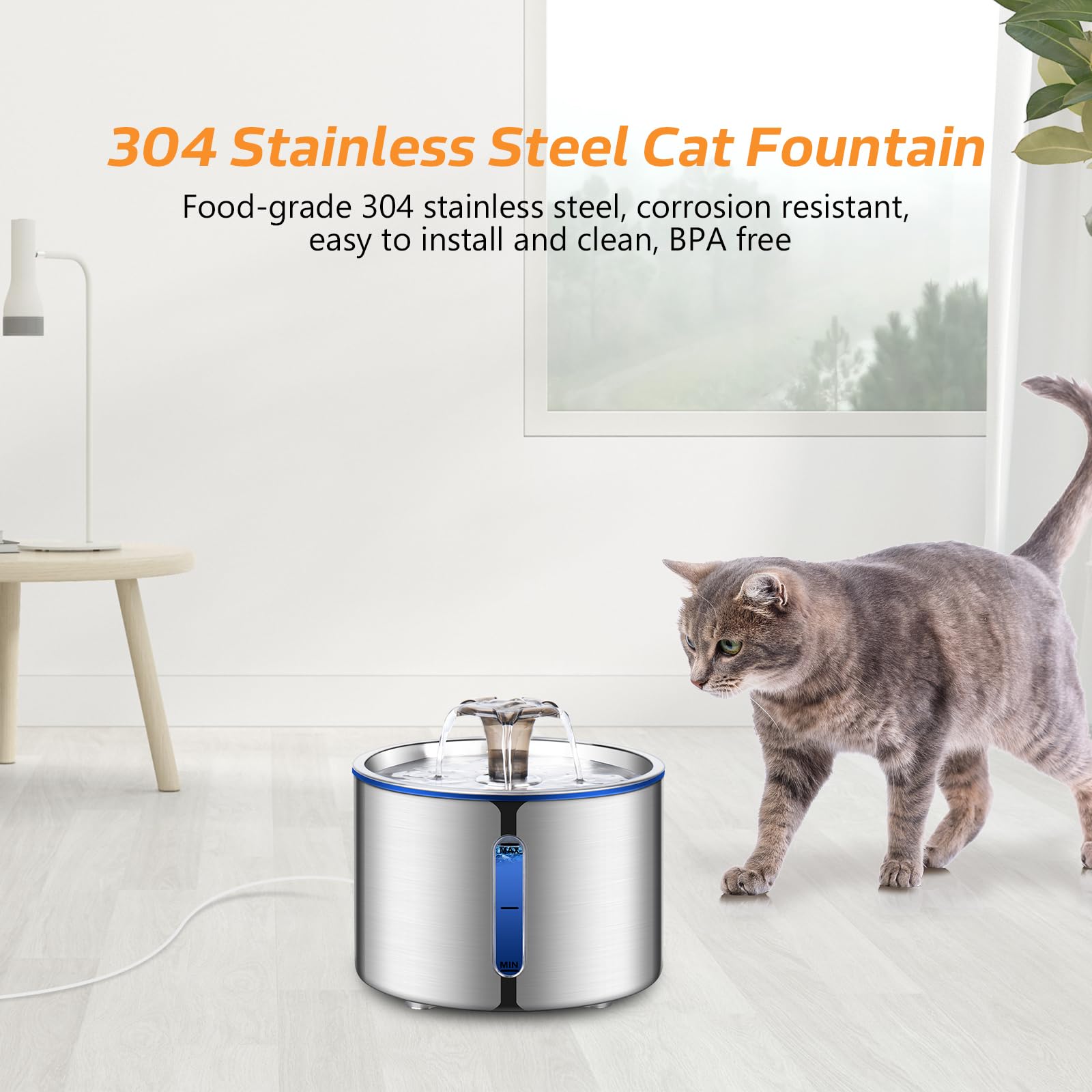 BOORCA Cat Fountain, 2.5L Stainless Steel Automatic Water Dispenser with Ultra-Quiet Pump, Perfect for Cats and Dogs - Model CWF-01