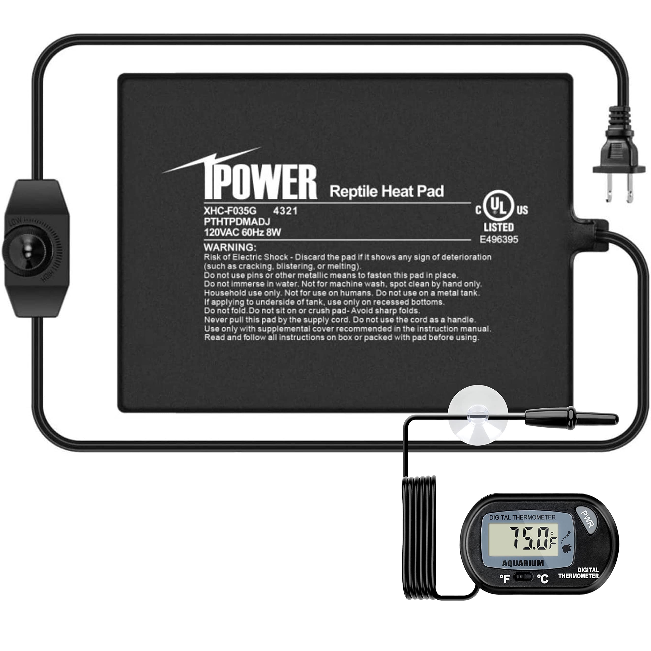 Ipower 6 By 8-Inch Reptile Heat Mat With Temperature Adjustable Controller Knob, Lcd Digital Aquarium Thermometer, Under Tank Wa