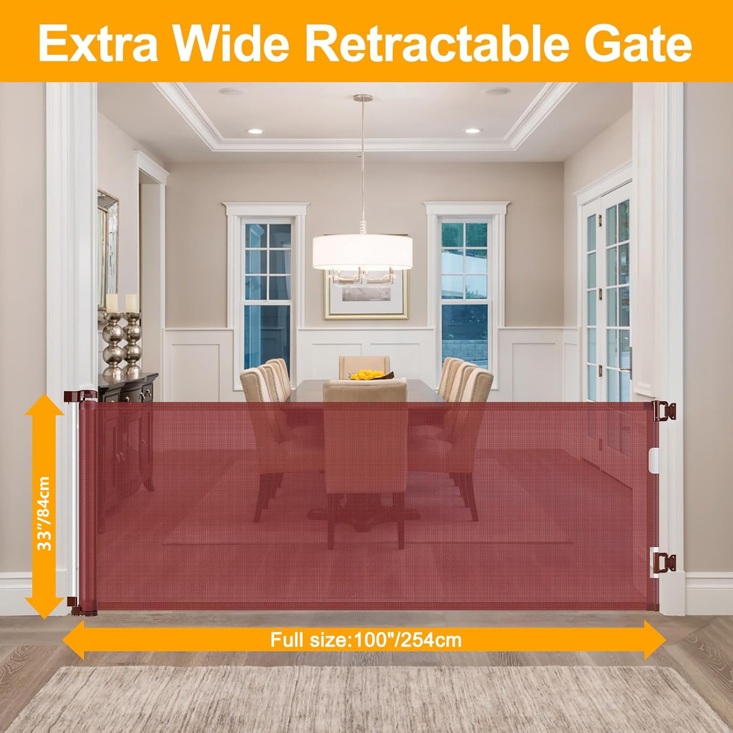 Retractable Baby Gate, Mesh Baby Gate or Mesh Dog Gate, 33'' Tall, Extends up to 100'' Wide,Child Safety Gate for Doorways, Stai