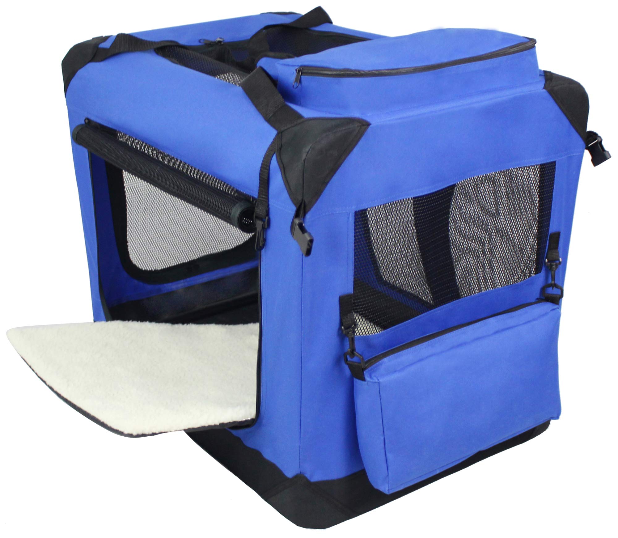 Elitefield 3-Door Folding Soft Dog Crate With Carrying Bag And Fleece Bed (2 Year Warranty), Indoor & Outdoor Pet Home (42' L X 28' W X 32' H, Royal Blue)