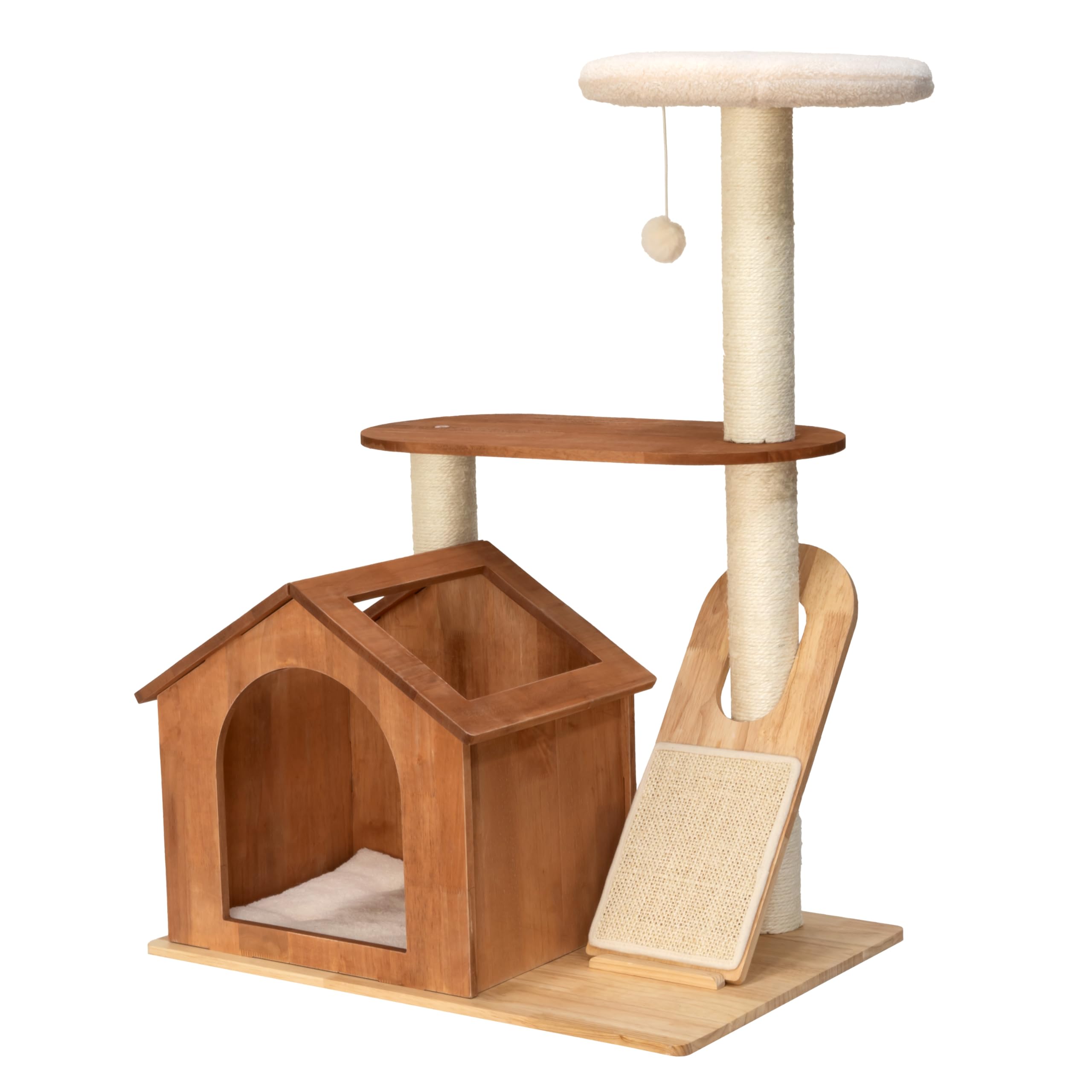 Kitty City Wooden Cat Tower with Hideaway House & Scratching Pad, Modern Two-Level Indoor Cat Furniture with Removable Sherpa Cu