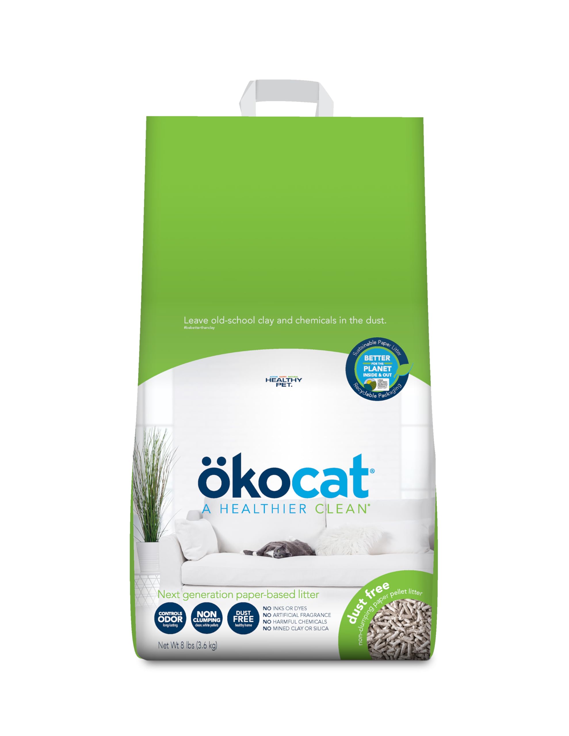 kocat Dust Free Non-Clumping Paper Pellet Cat Litter, Unscented, 8 pounds - Natural Ingredients, Controls Odor, Dust Free, Great