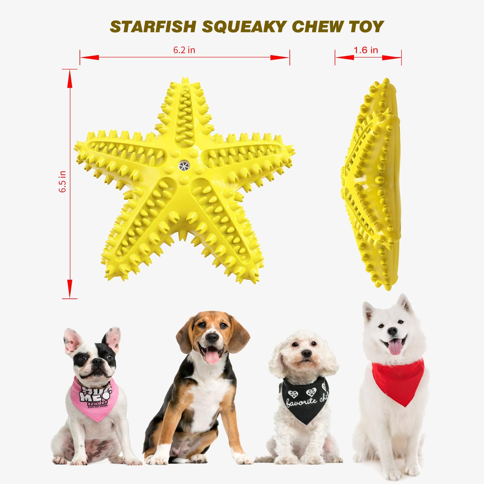 IDOLPET Squeaky Dog Toy - Starfish Rubber Teeth Cleaning Toy for Small & Medium Dogs - Yellow
