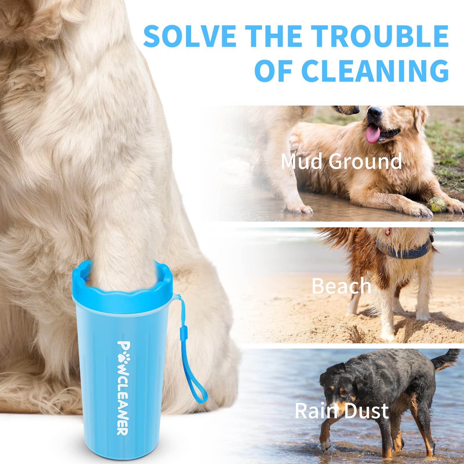 Comotech Dog Paw Cleaner With Bath Brush & Absorbent Towels - Adjustable Ring Handle For Long And Short-Haired Dogs (Large, Blue)