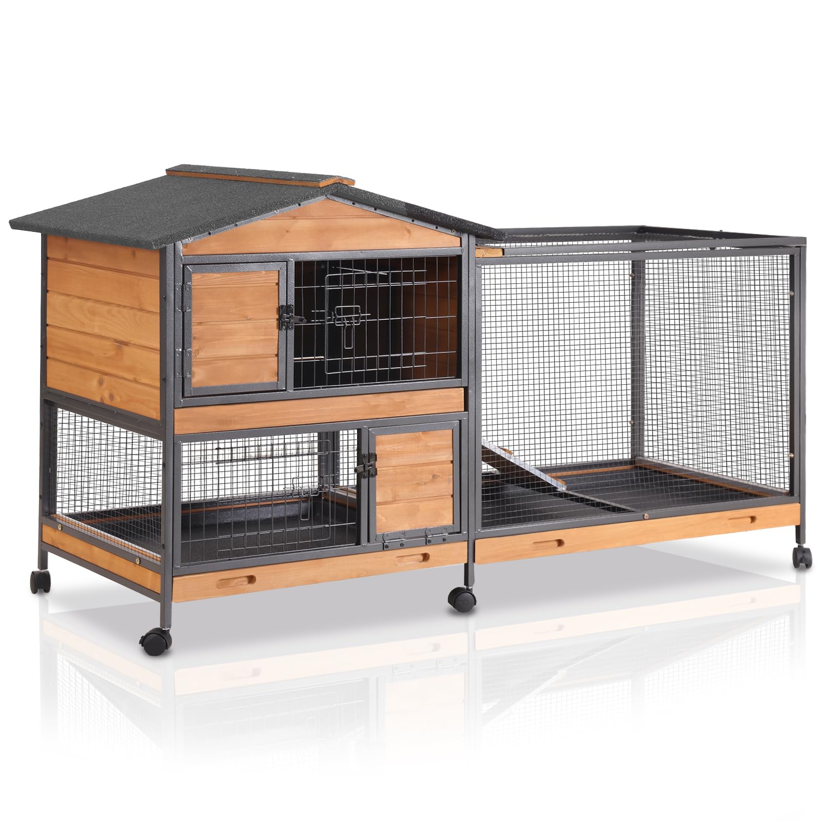 GUTINNEEN 2-Story Rabbit Hutch with Chew-Proof Full Metal Frame for Indoor/Outdoor - 62 '' Bunny Cage with 6 Locking Casters & 2