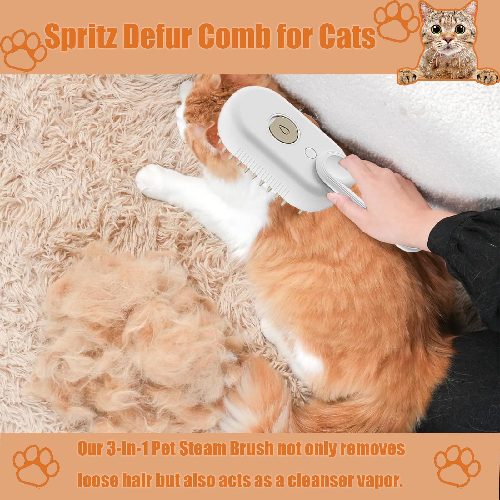 Cat Steam Brush For Shedding, 4 In 1 Rechargeable Steam Brush For Cats And Dogs, Spritz Defur Comb For Cats, Anti-Static, Massag
