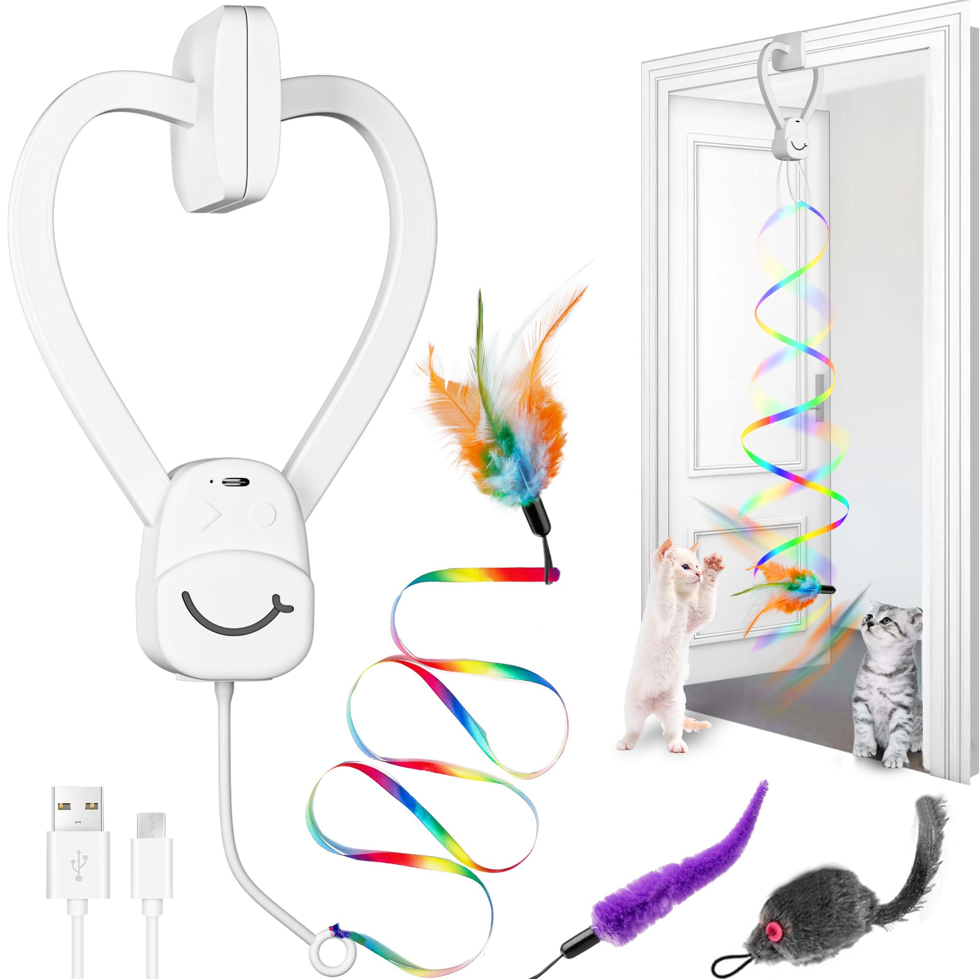 PANRIO Interactive Cat Toys for Indoor Cats, Automatic Hanging Door Feather Toy Mouse & Ribbon Wand Teaser,USB-Rechargeable Self