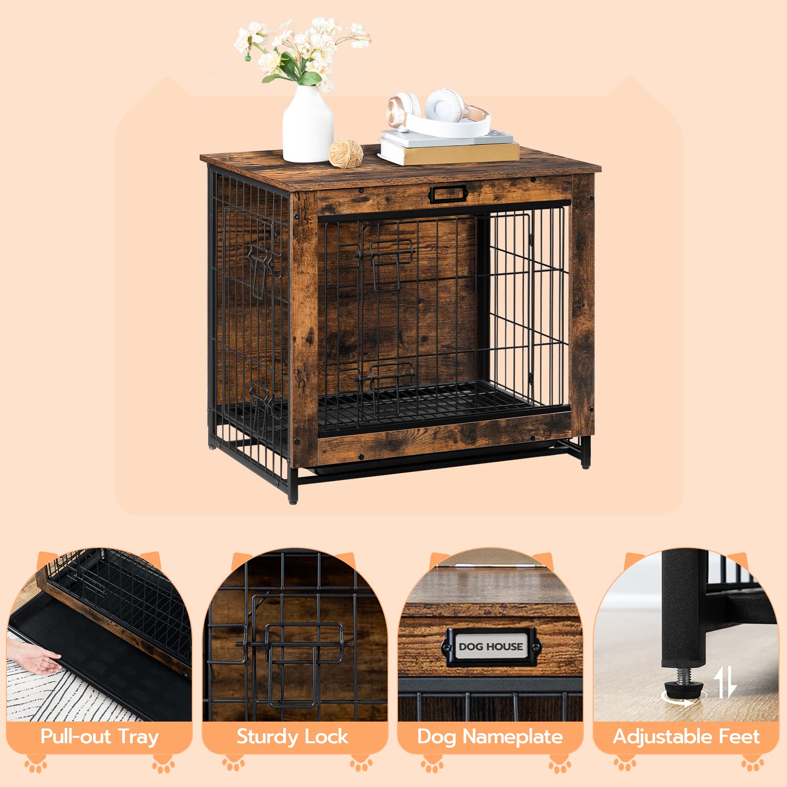 HOOBRO Decorative Dog Crate Furniture, Wooden Kennel with Pull-Out Tray, Rustic Brown, 25.2”L x 19.7”W x 23.6”H for