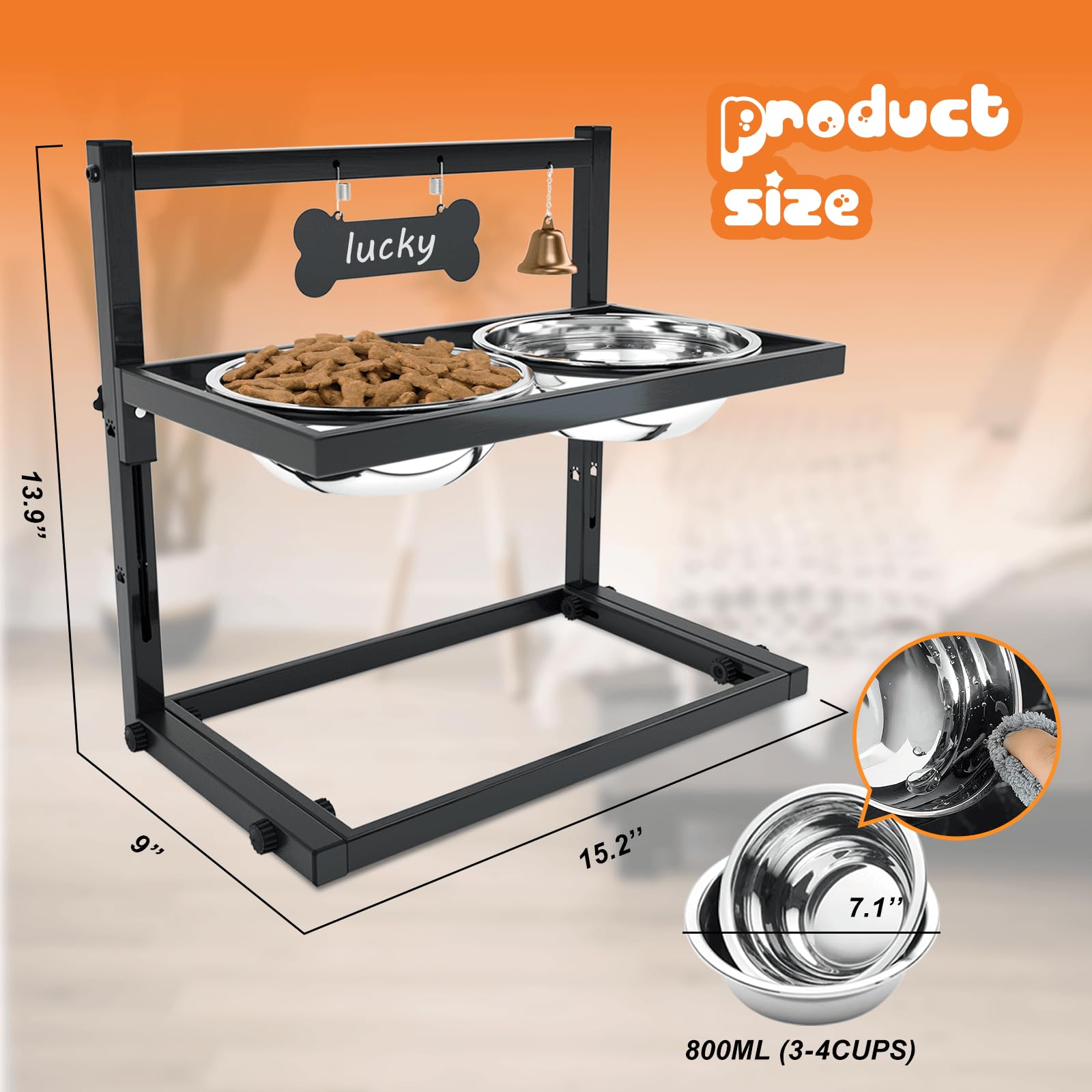 SHAINFUN Elevated Dog Bowls for Medium Dogs and Cats - Raised Cat or Dog Bowl Stand with Adjustable Height and Two Stainless Ste