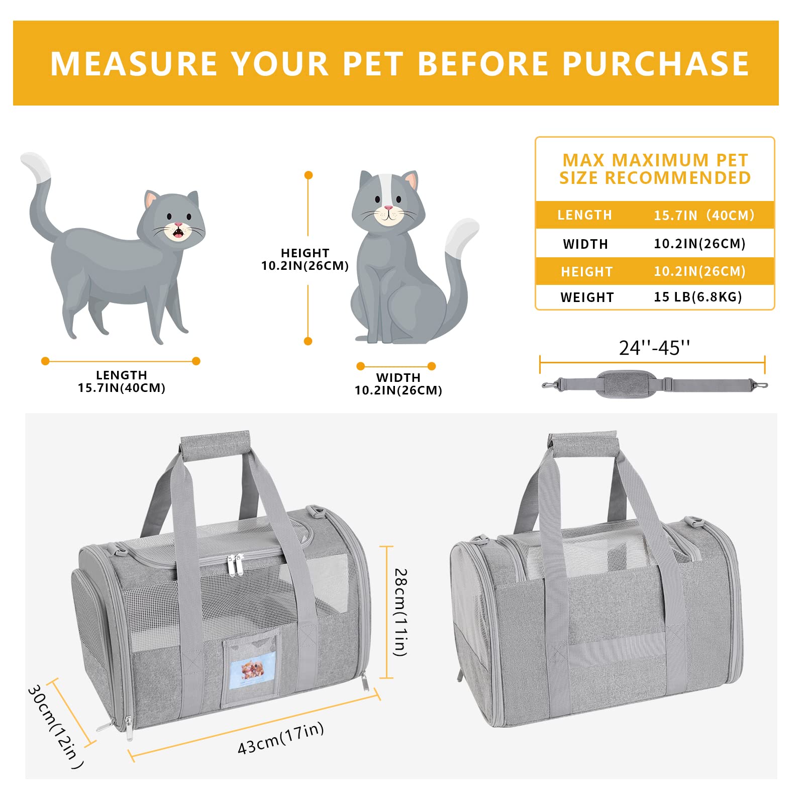 SECLATO Pet Carrier for Small Medium Dogs & Cats, TSA Approved, Collapsible, Grey, Model XC005, Under 15lb