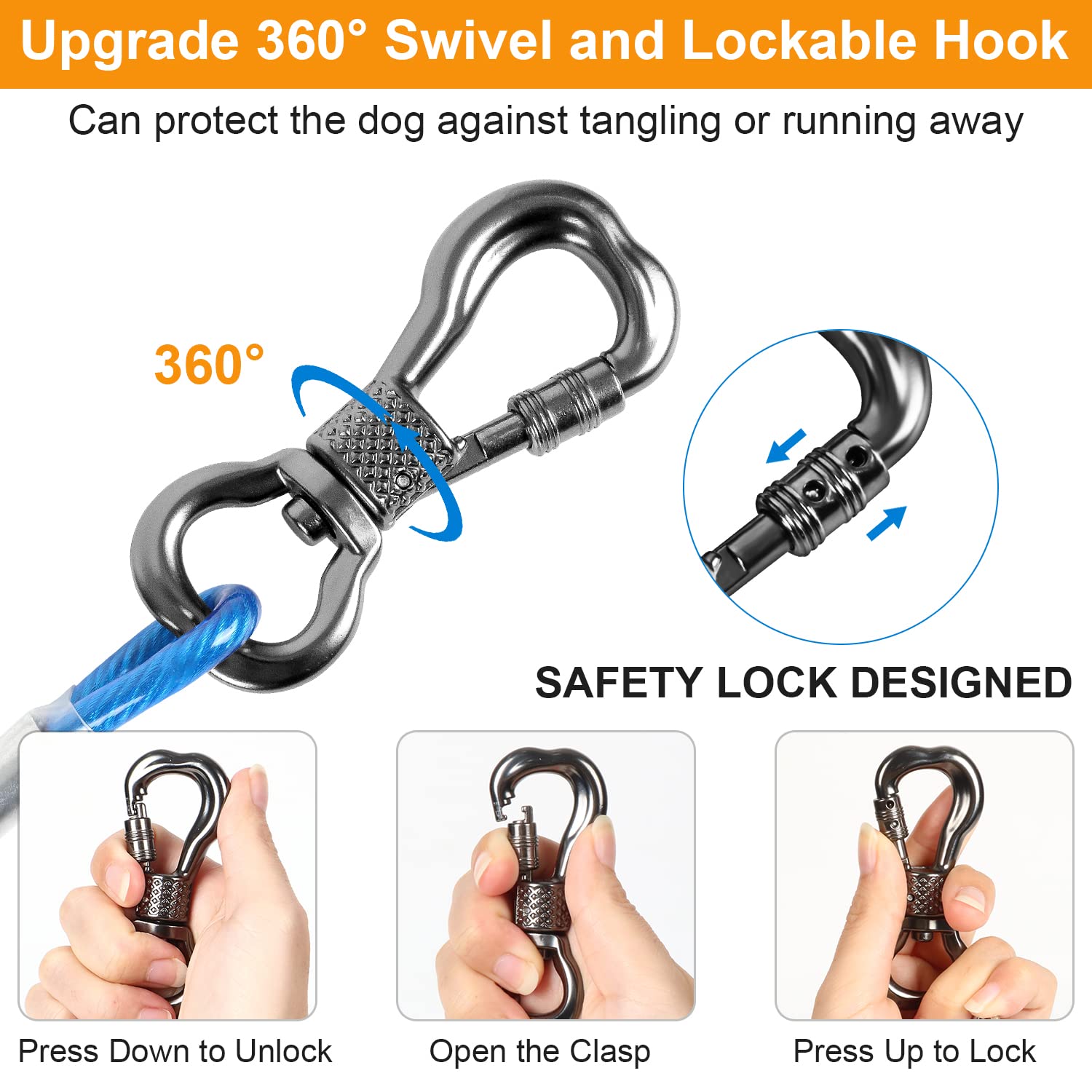 Tresbro 10 Ft Dog Tie Out Cable, Heavy Duty Dog Chains For Outside With Spring Swivel Lockable Hook, Pet Runner Cable Leads For Yard, Blue Dog Line Tether For Small Medium Large Dogs Up To 500 Lbs