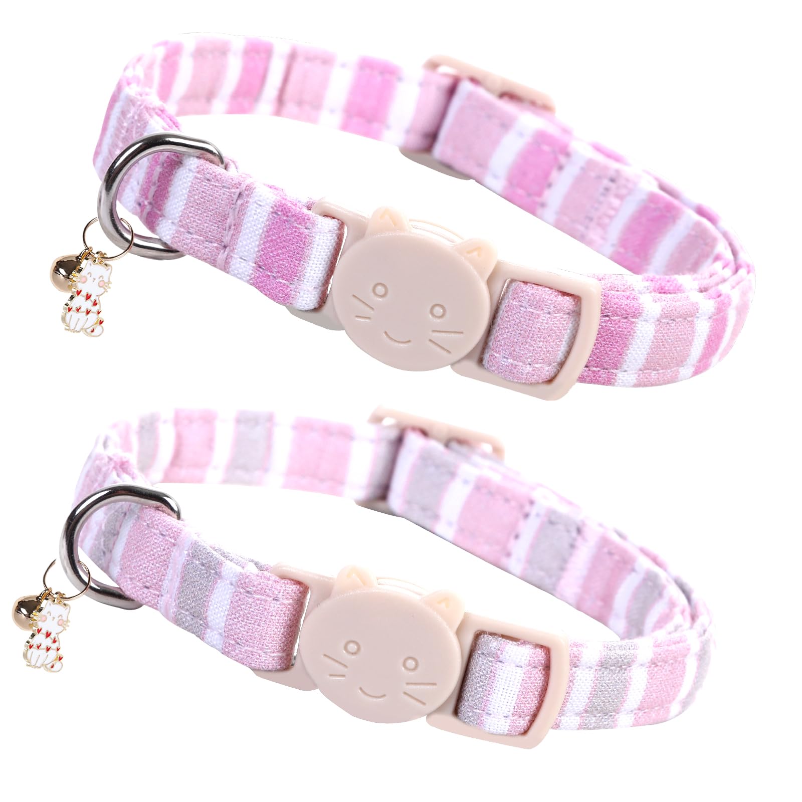 Elegant Little Tail 2 Pack Cat Collar-Pink Strip Cotton Breakaway Cat Collars With Bell Pendant Kitten Girl Safety Adjustable Co