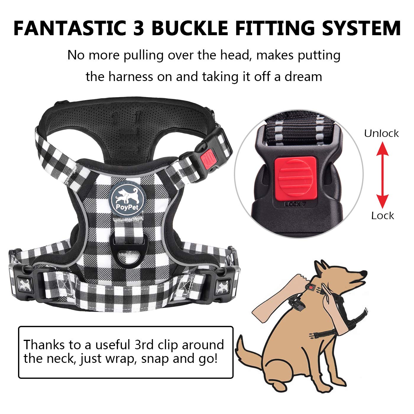 Poypet No Pull Dog Harness, [Neck Release] Reflective Adjustable No Choke Pet Vest With Front & Back 2 Leash Attachments, Soft Control Training Handle For Small Dogs(Grid,Xl)