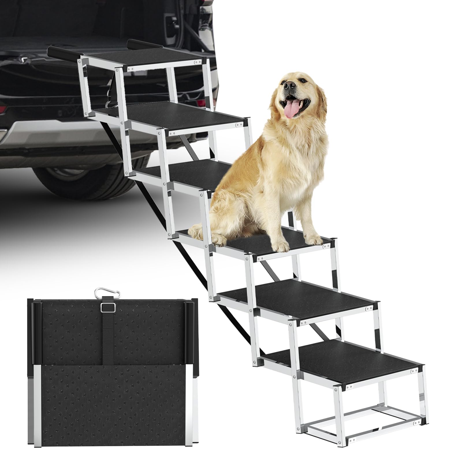 Dog Stairs for Large Dogs - 6 Step Foldable Dog Ramp for Car 43In Non-Slip Surface Support up to 230lbs - Suitable for SUV Truck