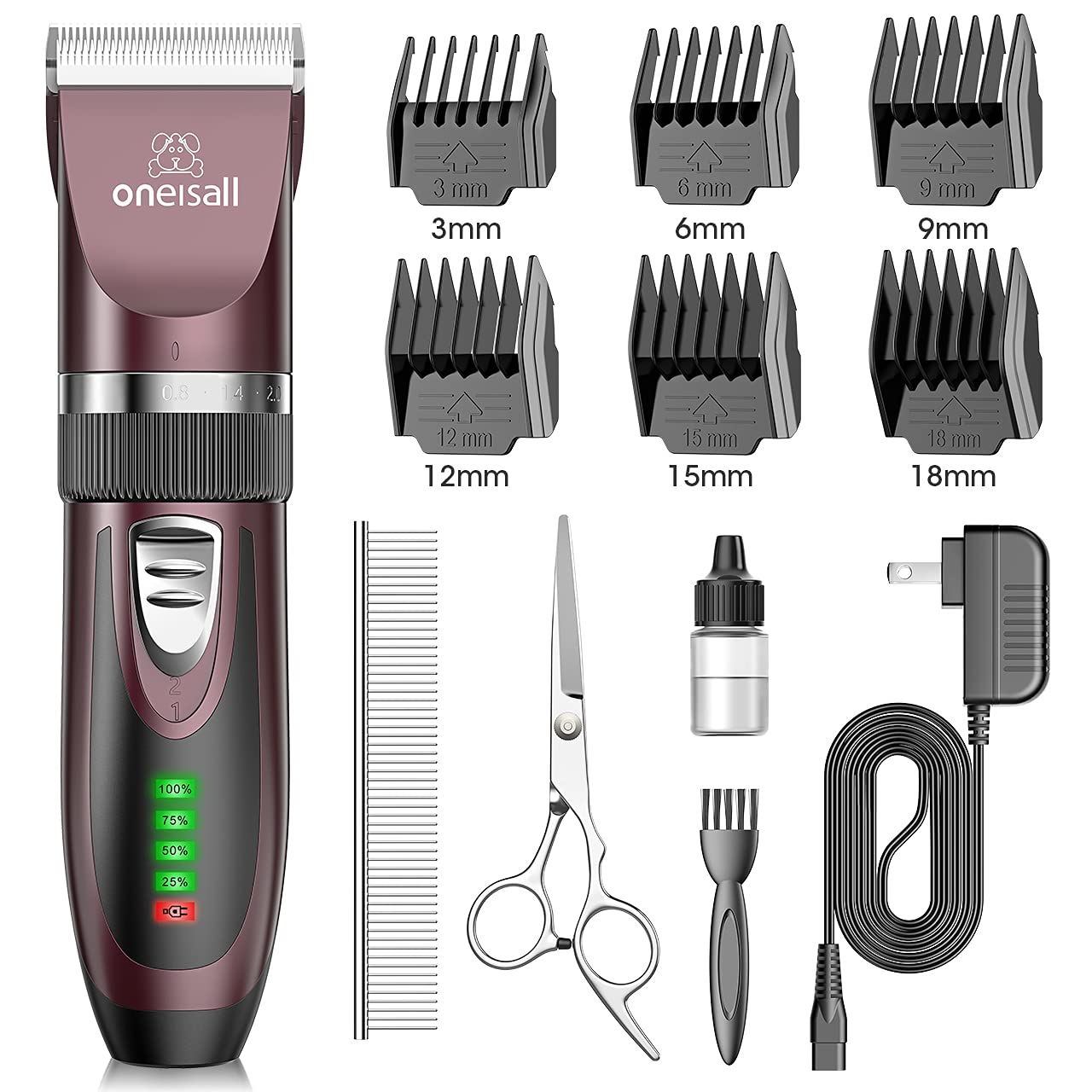 Oneisall Low Noise Dog Clippers, 2-Speed Quiet Grooming Kit Rechargeable Cordless Pet Hair Clipper Trimmer Shaver for Small and 