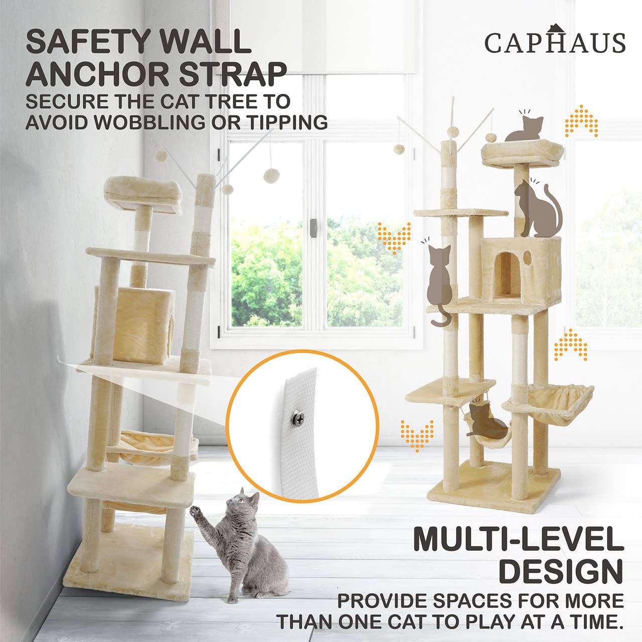 CAPHAUS Tall Cat Tree - 70-Inch Modern Play Tower in Smoky Grey with Scratching Posts, Hammock, Cat Cave Condo, Model CH PHFC-BH672001