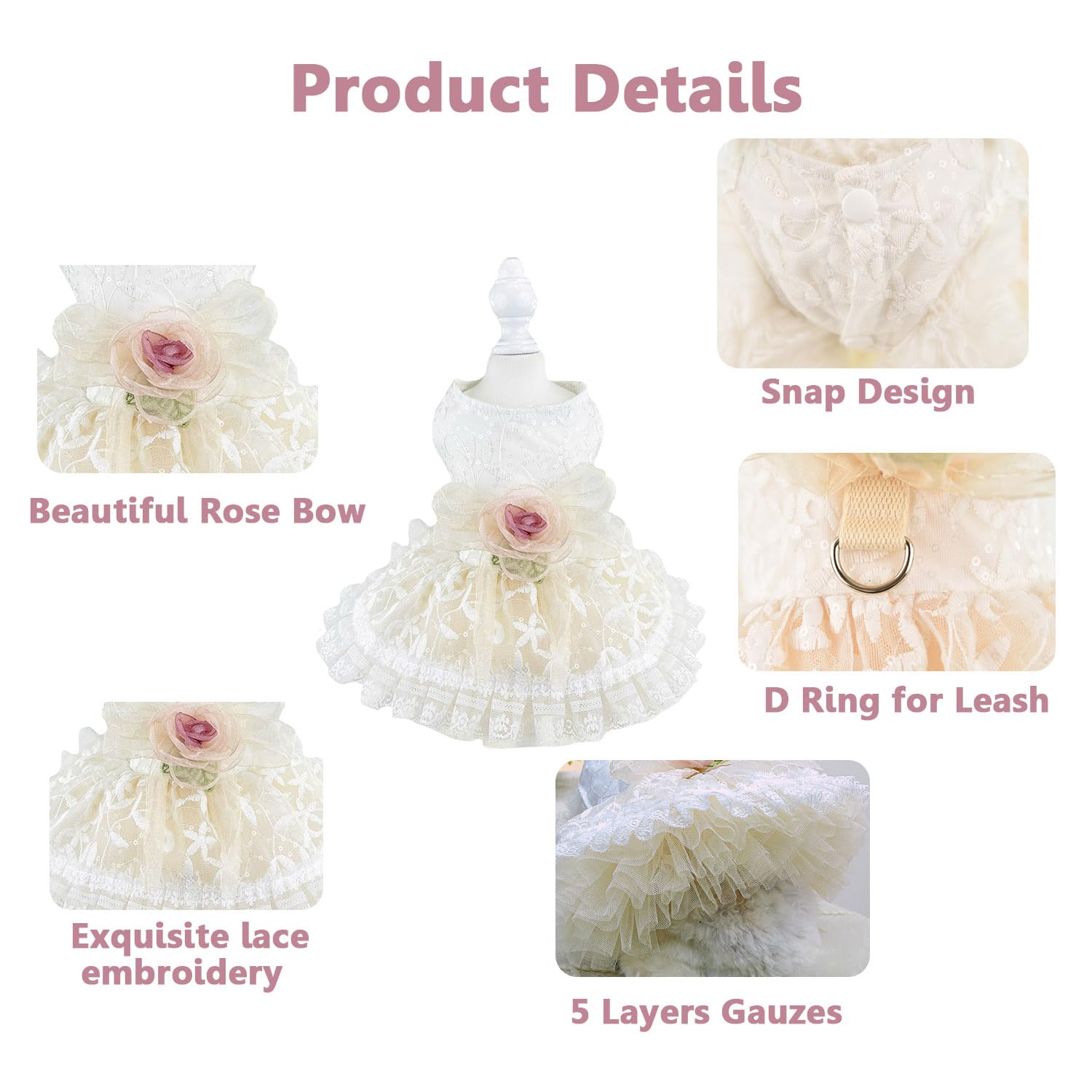 Fladorepet Luxury Rose Lace Dog Dress With Leash Ring,Pet Bride Costume Clothes For Small Dogs Girls,Formal Dog Wedding Party Dr