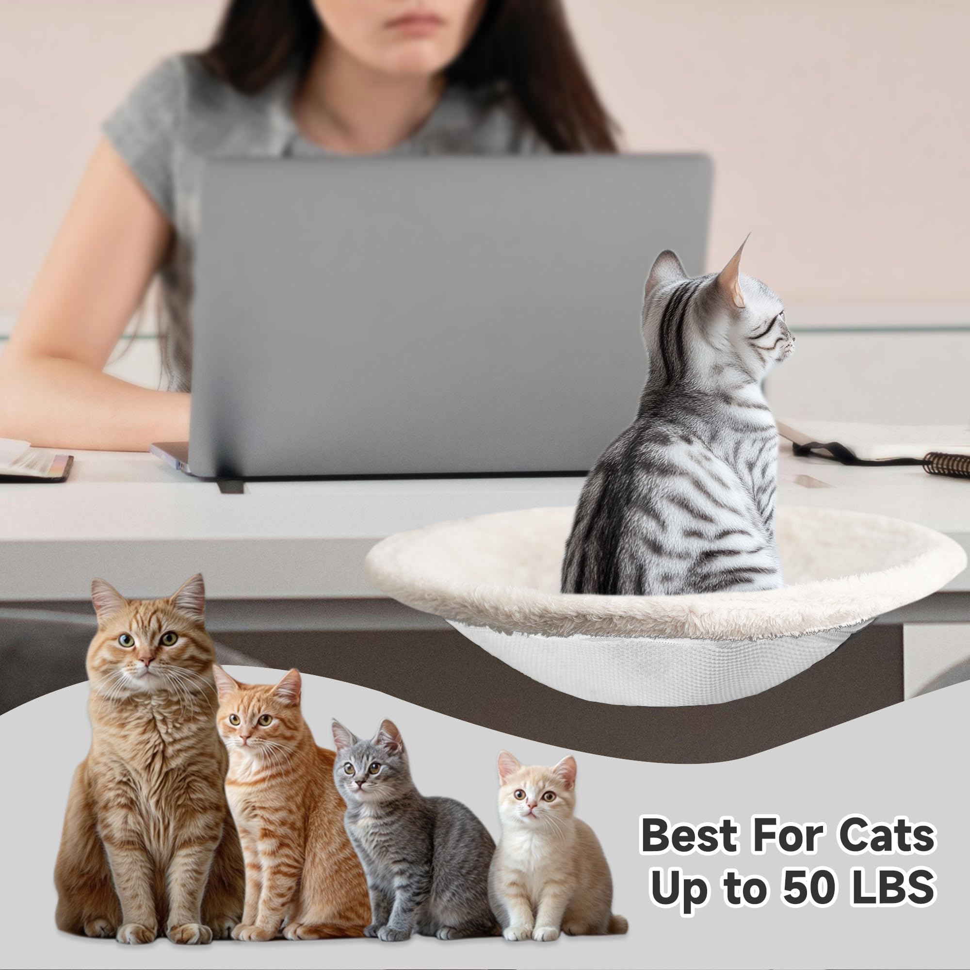 Cat Desk Bed, Durable Cat Desk Perch For Indoor Cats, Washable Table Nest Bed, Hammock Easy To Install (White)