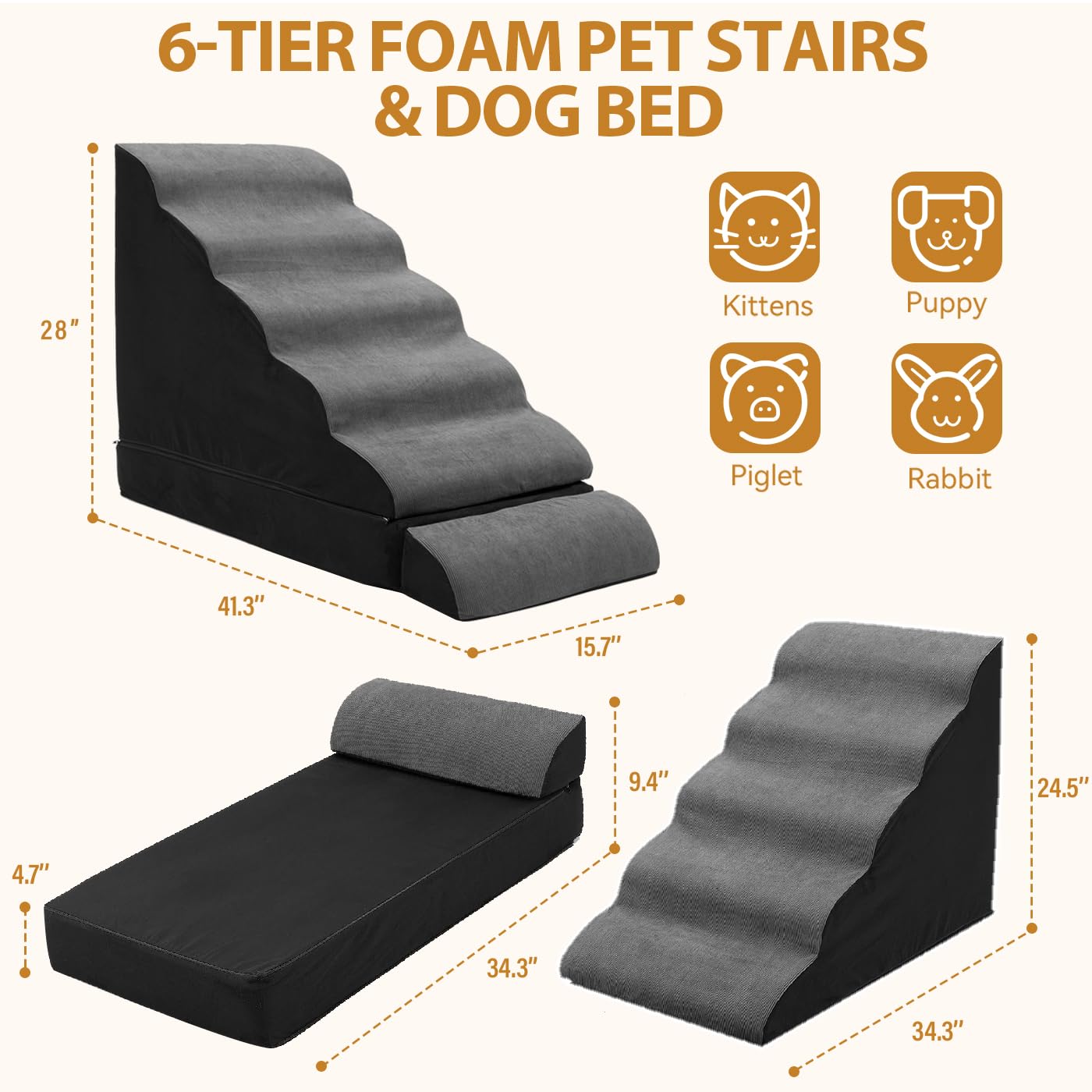 Dog Stairs/Steps for High Beds up to 30-36 inches, A.FATI 6 Step Foam Pet Steps for Small Dogs/Old Pets, 30 H Non-Slip Dog Ramp
