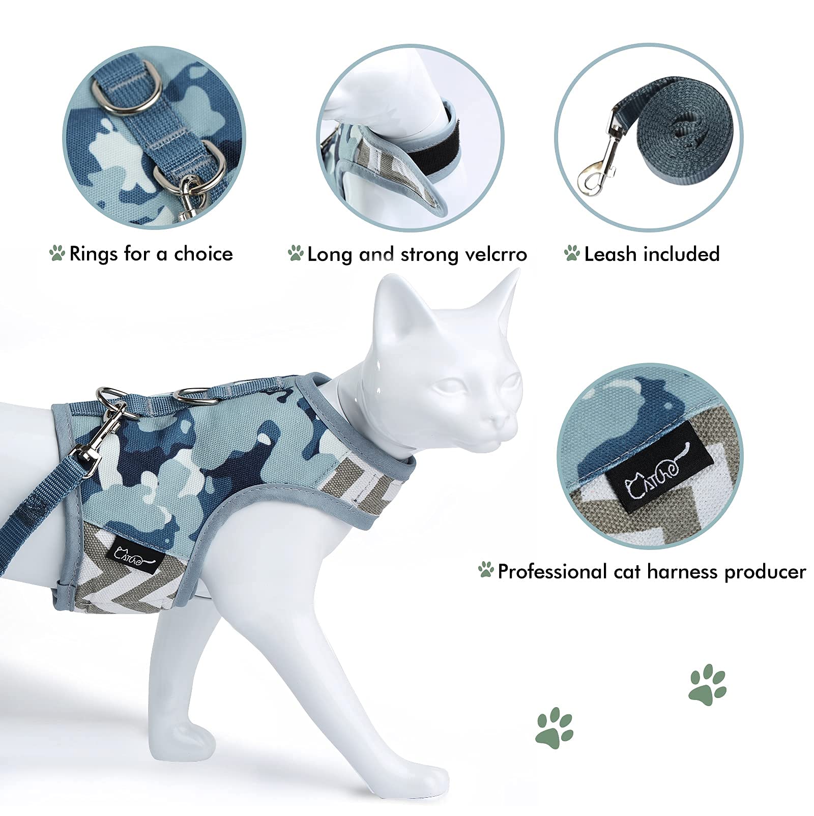 Yizhi Miaow Cat Harness And Leash For Walking Escape Proof, Adjustable Cat Vest Harness, Padded Stylish Cat Walking Jackets, Gre