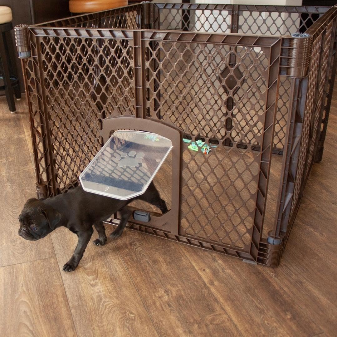 Mypet North States Petyard Passage: 4-Panel Folding Dog Playpen Indoor Or Outdoor. 7 Sq. Ft. Puppy Playpen, Lockable Pet Door. Freestanding Play Pen Dog Gate. Made In Usa. 26' Tall, Brown