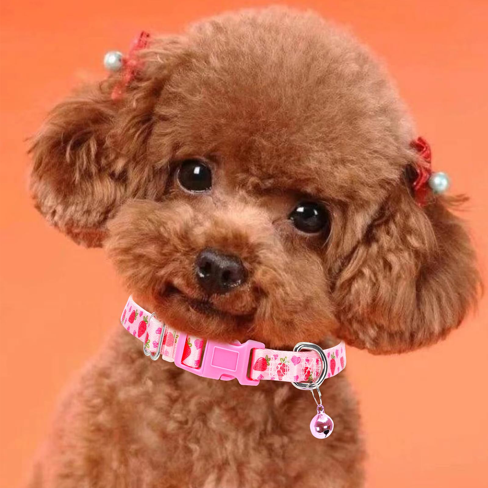 Cute Pink Small Dog Collar With Bell, Soft Adjustable Strawberry Puppy Collar Tiny Cat Collars With Bells For Xs Small Girl Fema