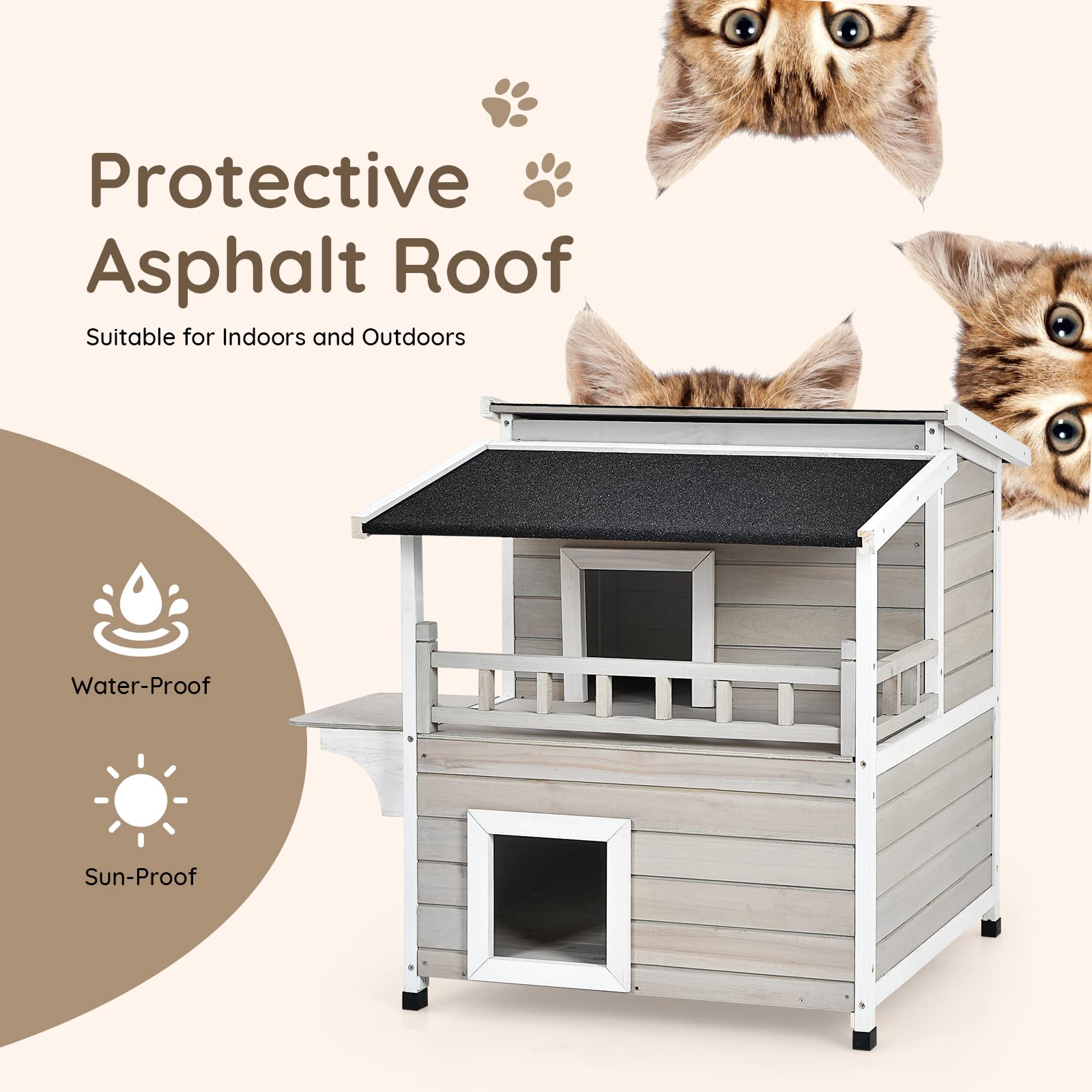 Petsite 2-Story Outdoor Cat House Weatherproof, Wooden Cat Shelter For Multiple Feral Cats