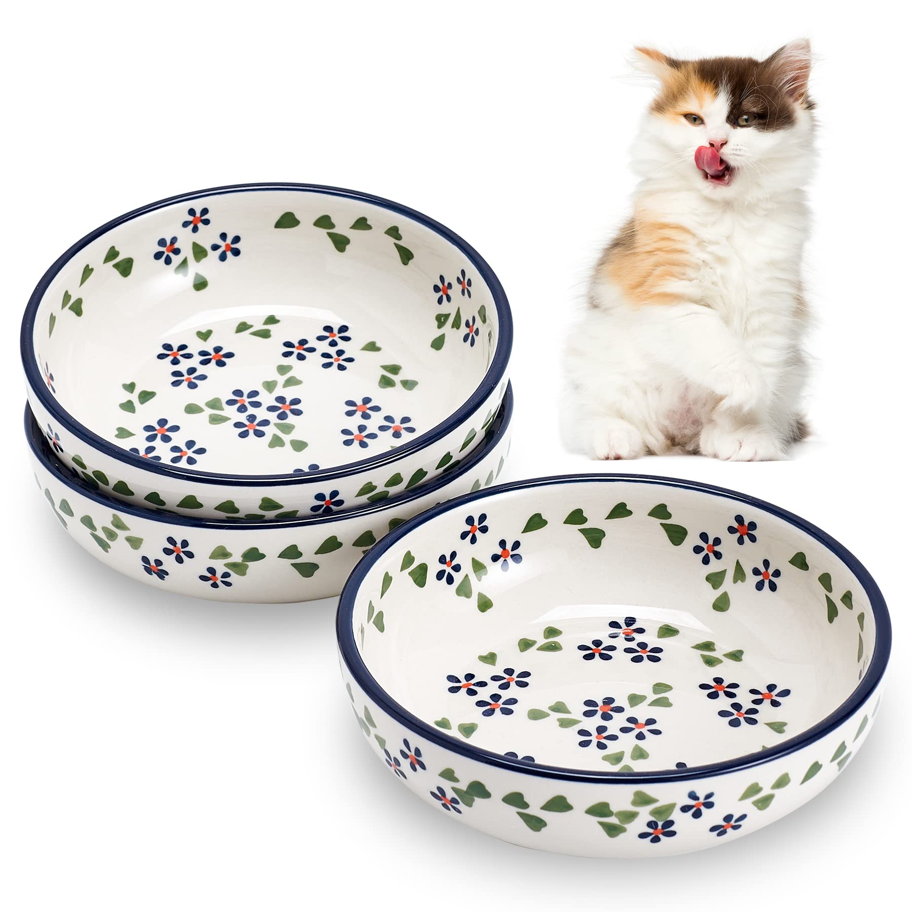 Ceramic Cat Bowls, Howise 5.3 in Cat Food Bowl, Cat Dishes for Food and Water, 3 Pack Shallow Pet Bowls for Indoor Cats, Floral 