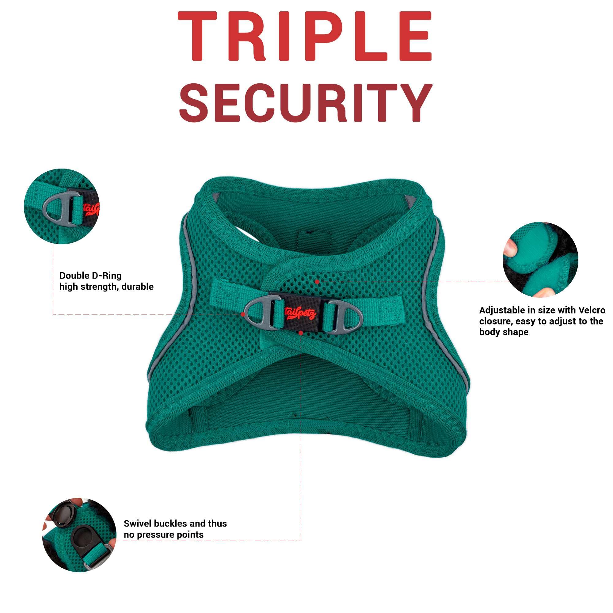 Tailpetz Dark Green Dog Harness Small Sized Dogs, Adjustable Step in No Pull Harness for Small Dogs, Reflective Puppy Harness fo