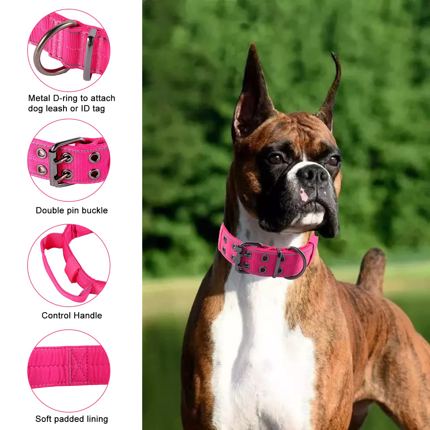 Yunleparks Reflective Dog Collar Heavy Duty Dog Collar with Control Handle and Metal Buckle for Dog Training(XL,Pink)