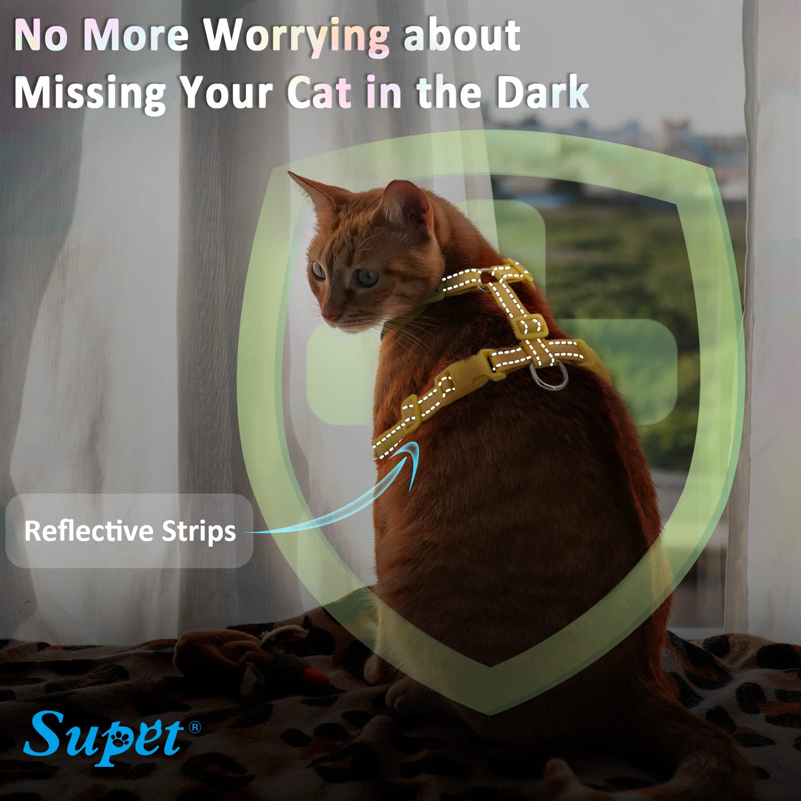 Supet Cat Harness and Leash Set, Escape Proof, Adjustable, M (Chest: 11.0-18.3''), Nylon, Green, Reflective Trim for Cats and Kittens