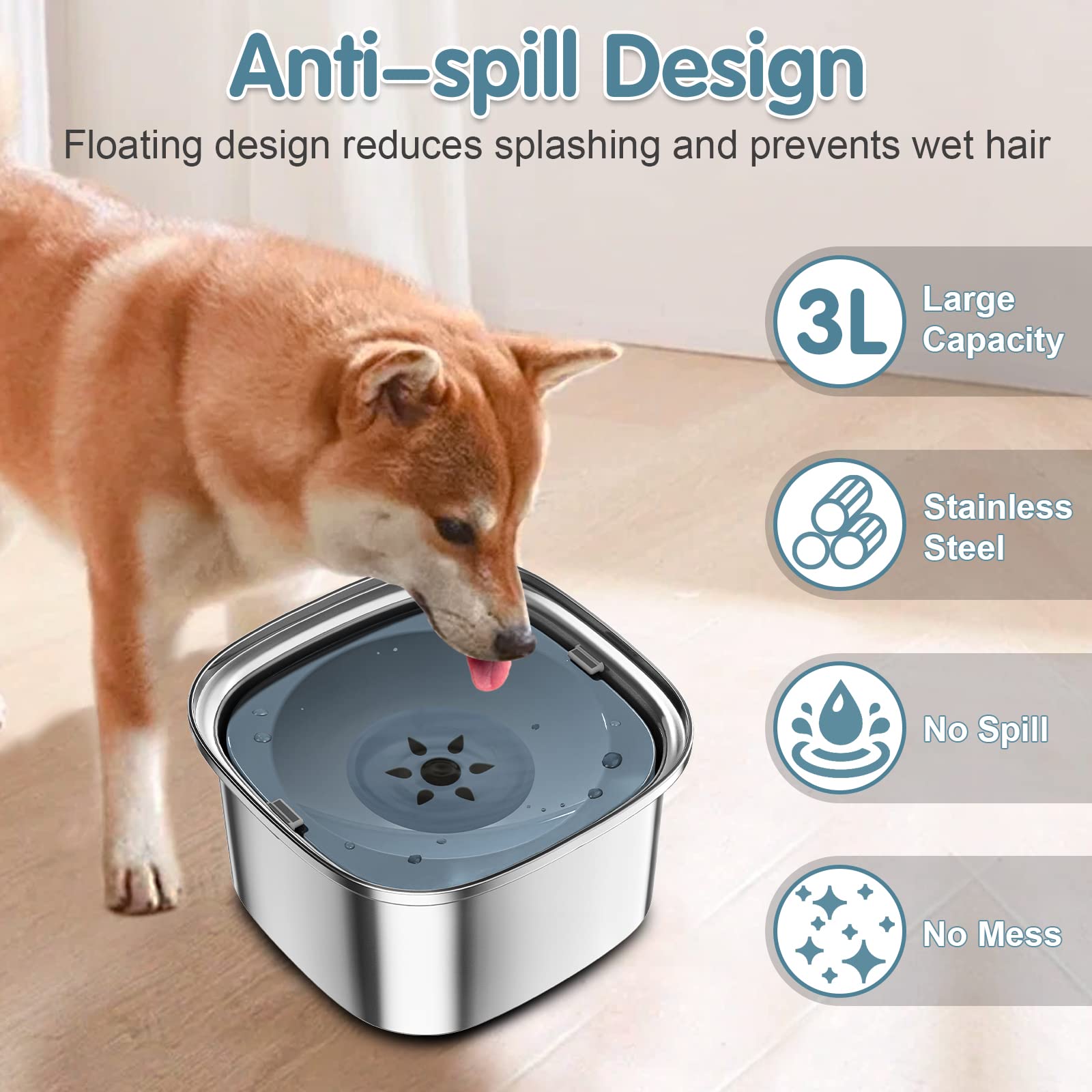 Upsky 3L Stainless Steel Dog Bowl - 101Oz No Spill Slow Water Feeder, Spill Proof Travel Bowl