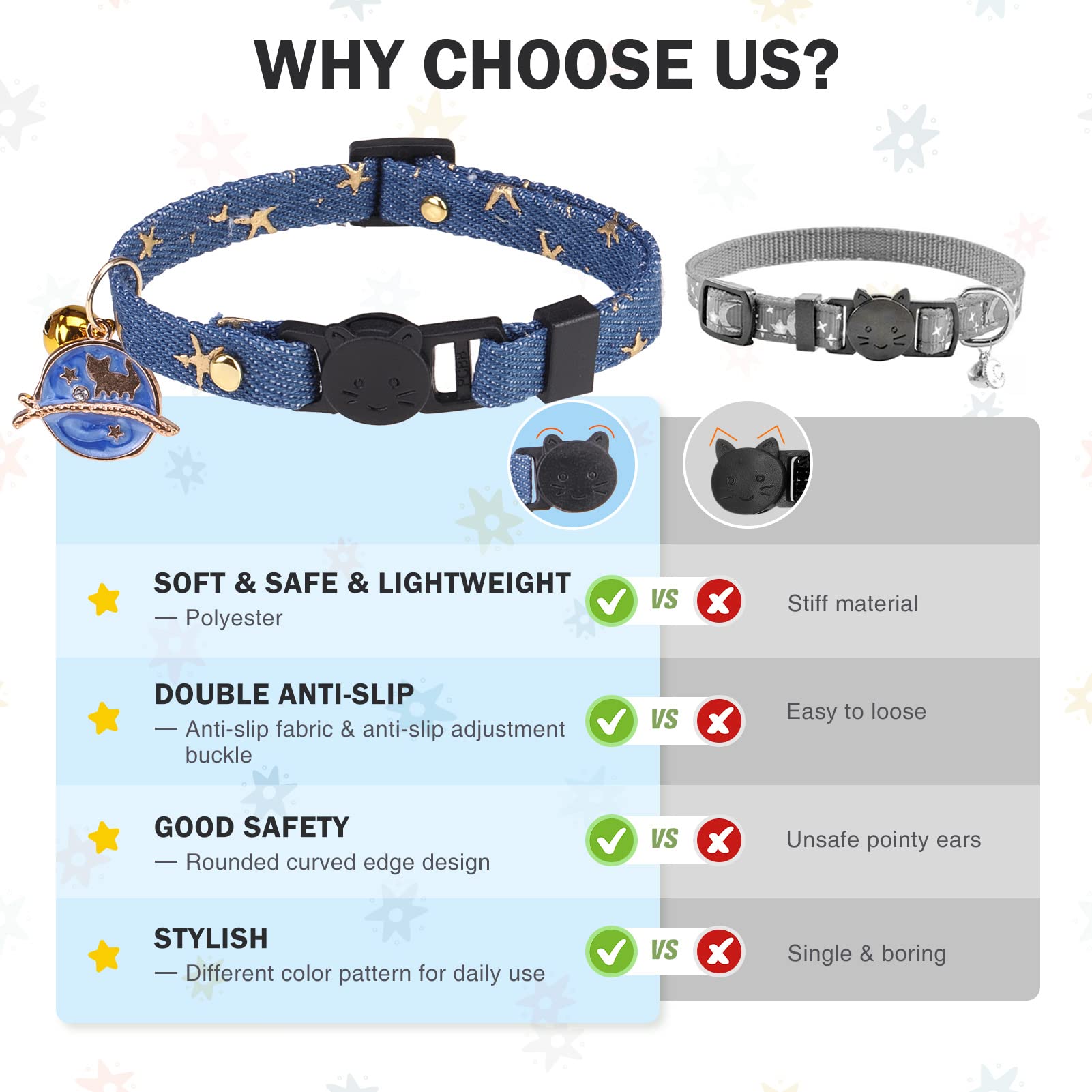Dillybud 3 Pack Breakaway Cat Collars With Bell- Moon And Stars Pendant Cat Collar For Girl Boy Cats With Safety Buckle- Cute Ki