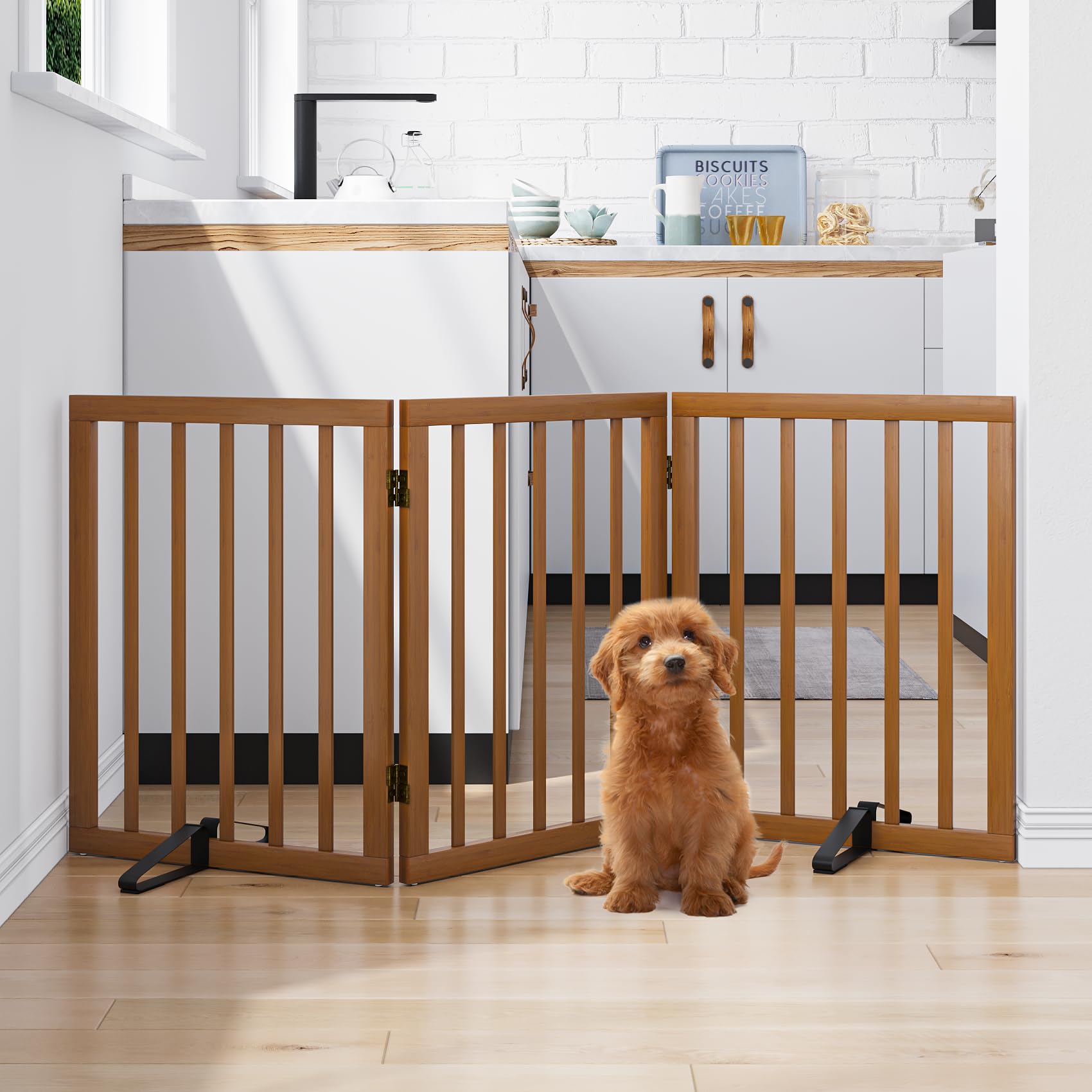 Mino Kesper Freestanding Pet Gate Foldable Dog Gate (55 inches Wide) Walnut Bamboo Dog Gates for Stairs Doorways House (2 Suppor