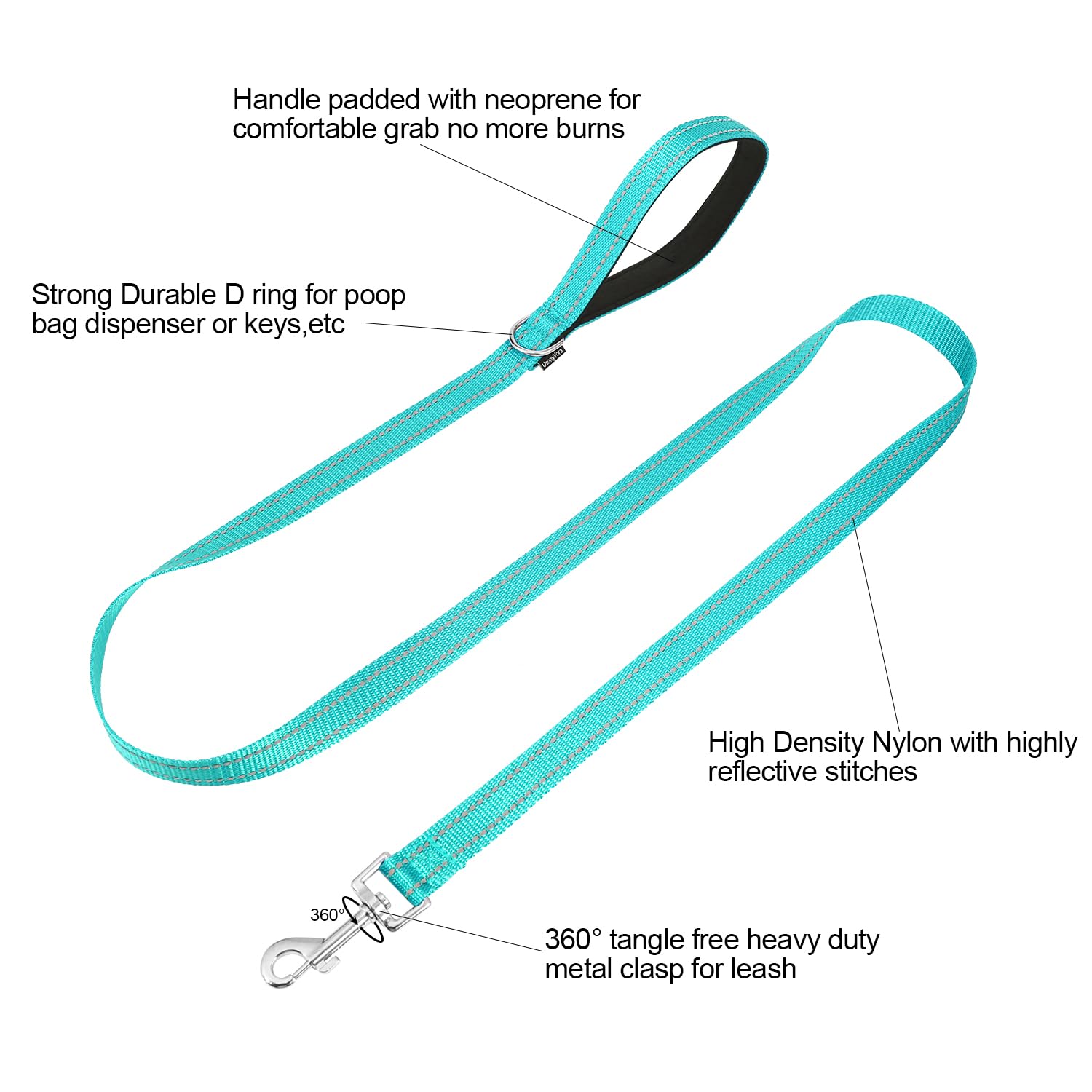 Usunyvora Reflective Nylon Dog Leash For Walking,Strong Dog Leash With Padded Handle For Small And Medium Dogs,4 Ft,Turquoise