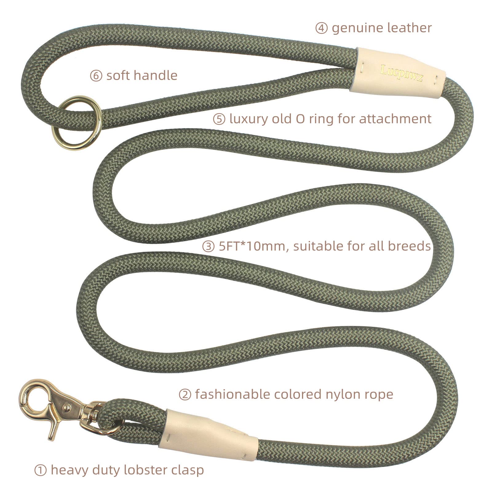 Lucpawz Lobster Snap Pet Leash 5Ft, Special Strong Nylon Rope Dog Leash, Solid Color Rope Dog Lead For All Breeds (Army Green,5F