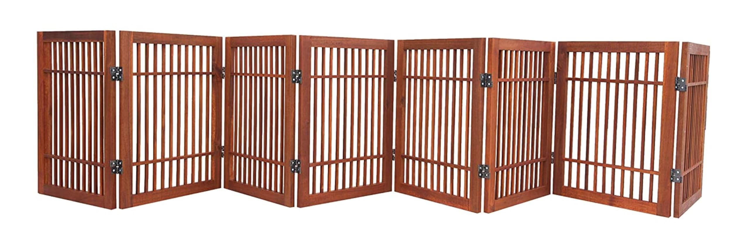 Urnporium Freestanding Pet Gate Folding Wooden Fence for Indoor & Outdoor Use, Durable Acacia Hardwood (Brown Pet Gate, 8 Panel 