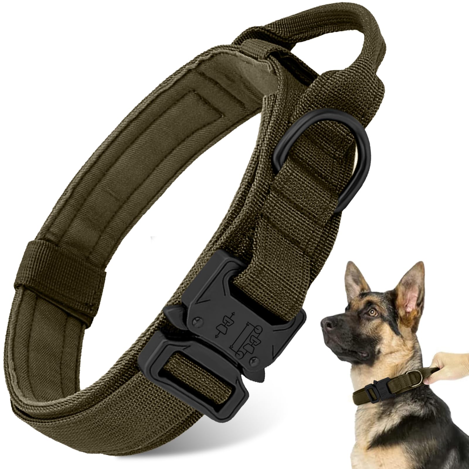 Tactical Military Dog Collar - Adjustable Heavy Duty Metal Buckle Nylon Collar With Control Handle For Small To Large Dogs (Gree