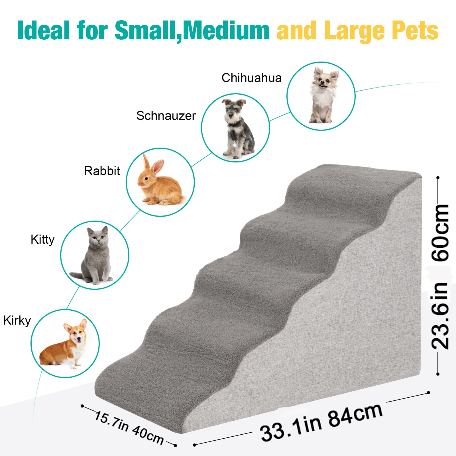 Uross Dog Stairs For Small Dogs - 5 Tier Steps & Ramps, High Density Foam Pet Steps, Gray