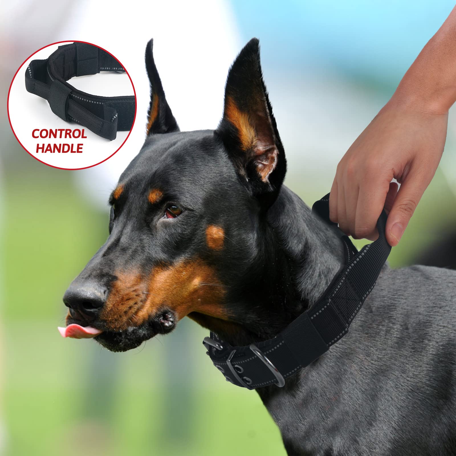 Yunleparks Reflective Dog Collar Heavy Duty Tactical With Control Handle And Metal Buckle For Dog Training(X-Large, Black)