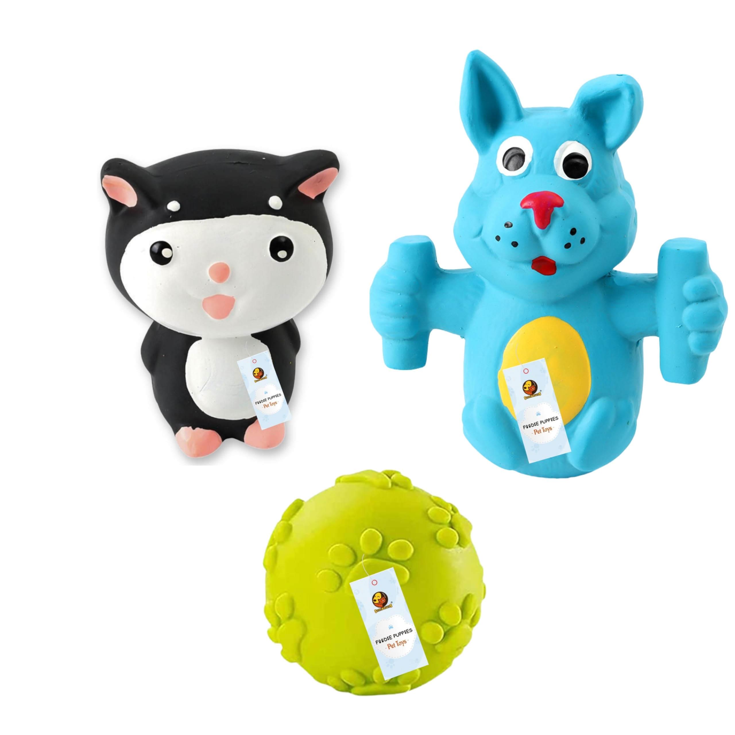 Foodie Puppies 3In1 Combo Of Latex Rubber Squeaky Dog Toys  (Claw Ball + Kitty Toy + Blue Doggy) For Small To Medium Dogs And P